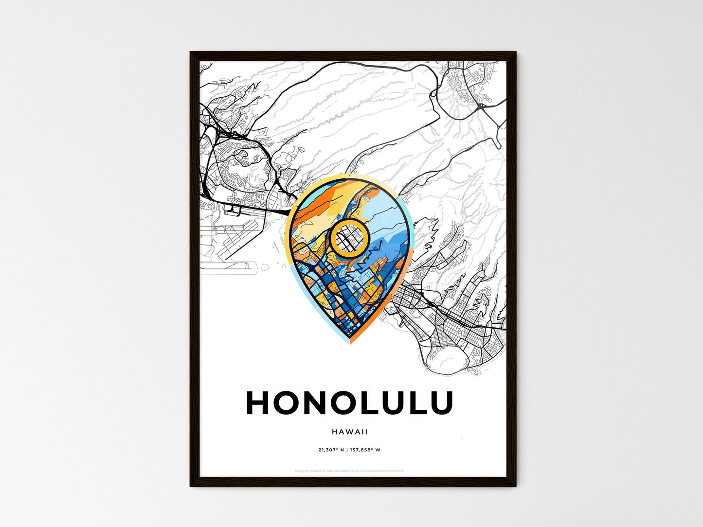 Honolulu Hawaii wedding art map with pointer icon