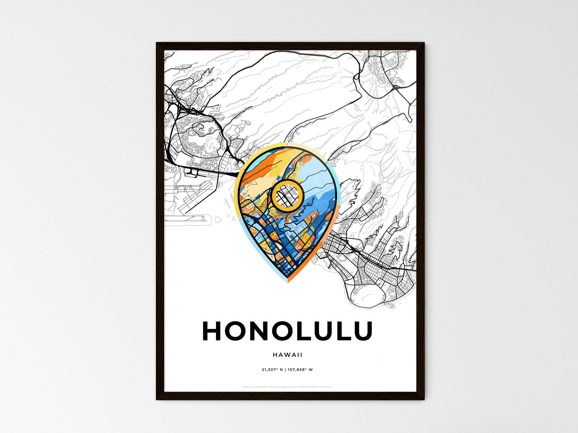 Honolulu Hawaii wedding art map with pointer icon