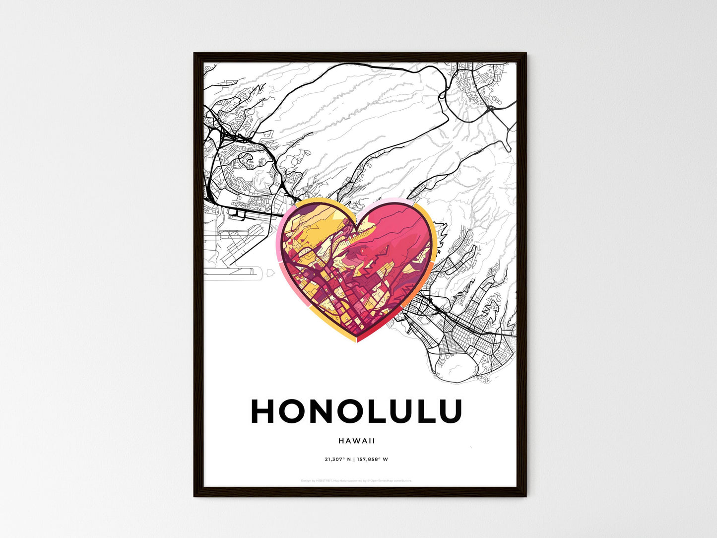 Honolulu Hawaii wedding art map with heart icon