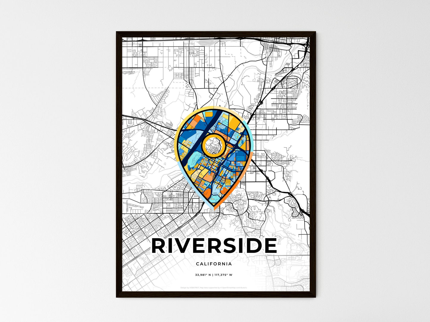 Riverside California wedding art map with pointer icon