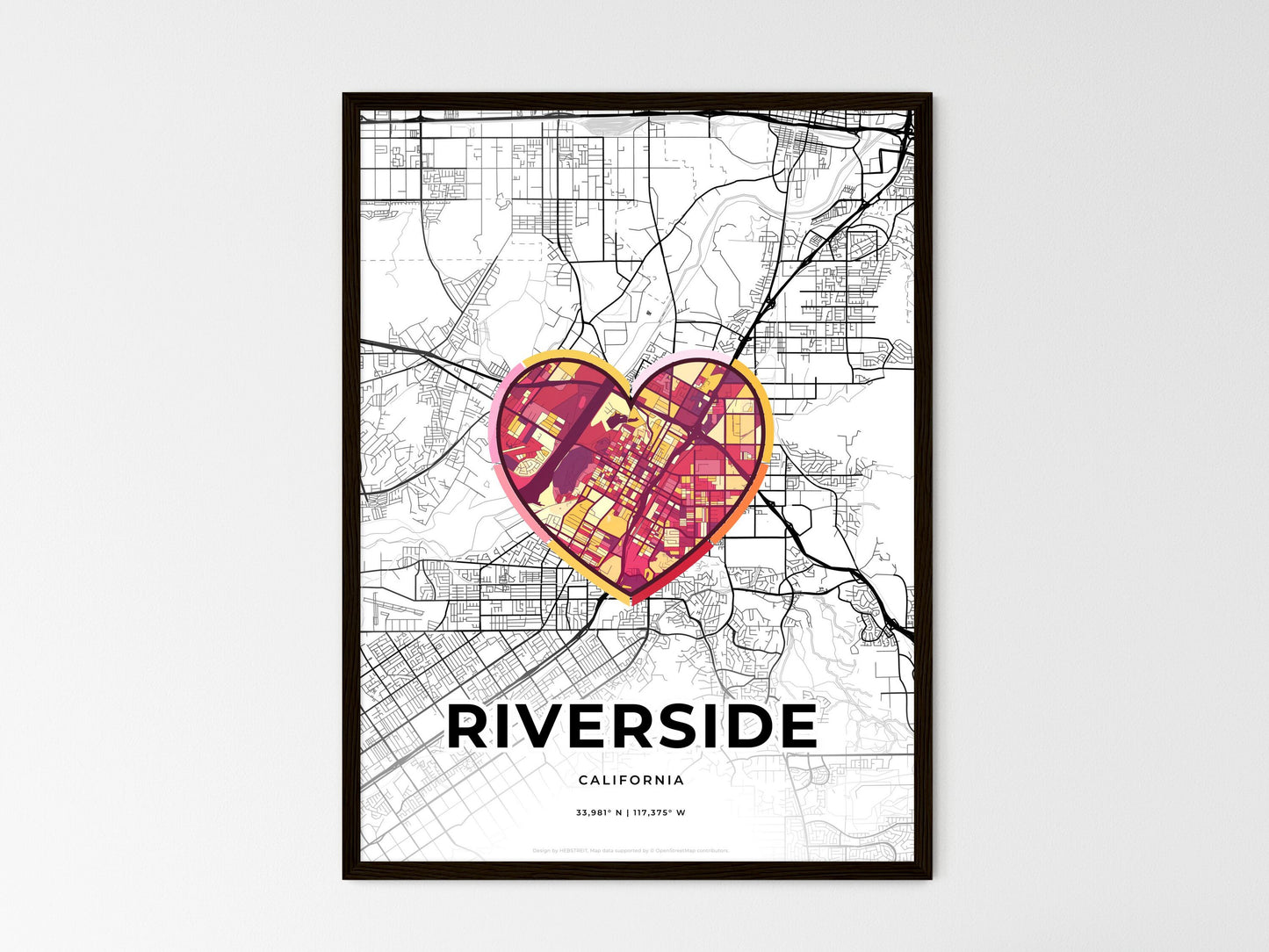 Riverside California wedding art map with heart icon