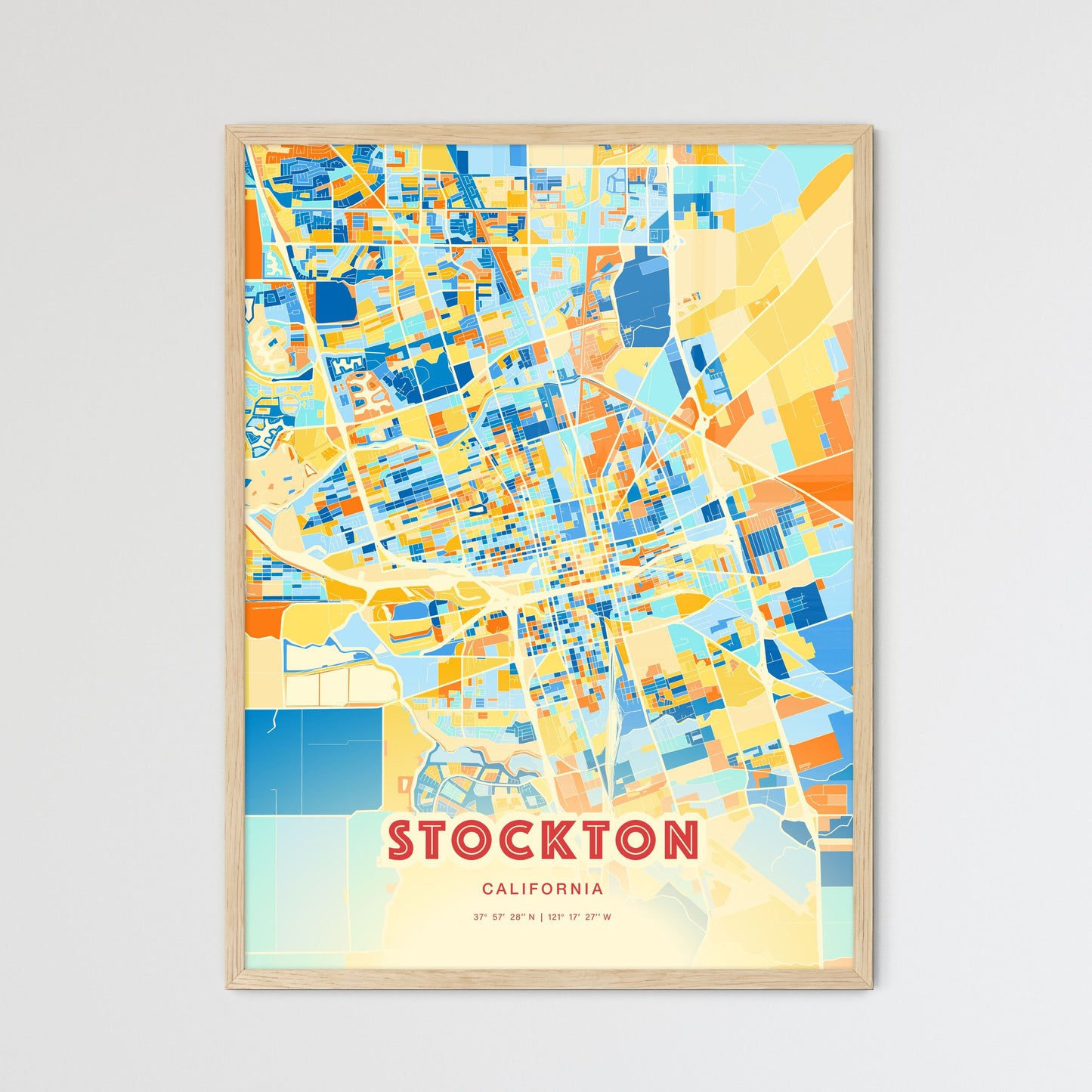 Colorful Stockton California Fine Art Map Blue Orange