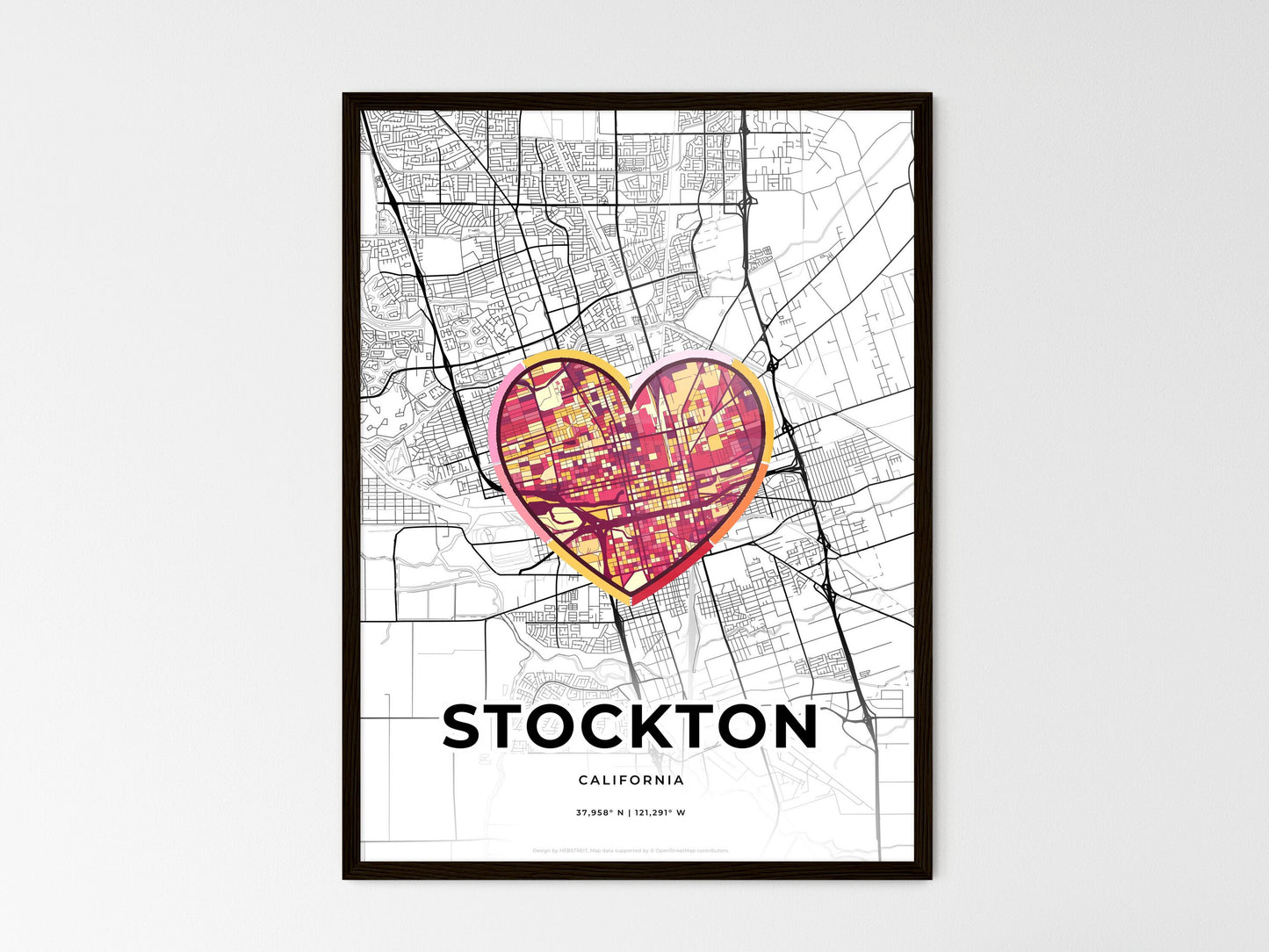 Stockton California wedding art map with heart icon
