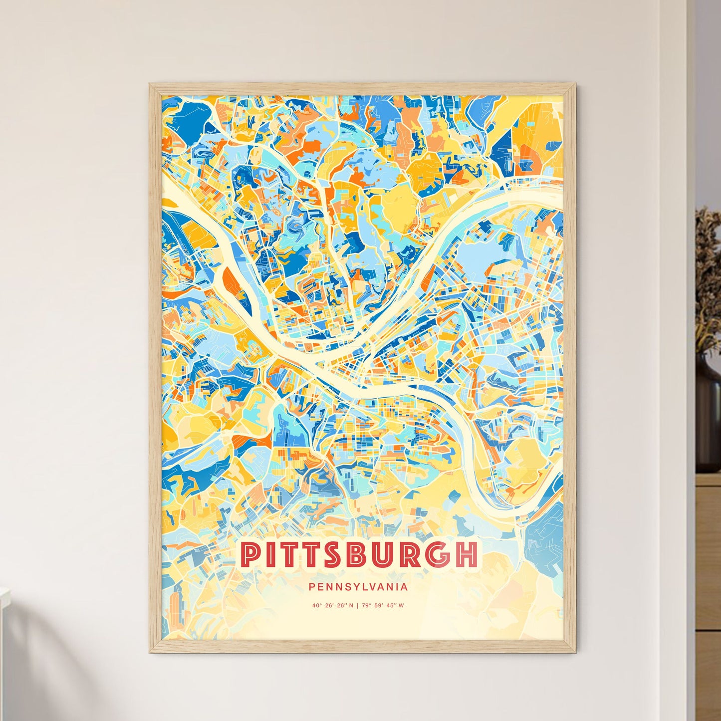 Colorful Pittsburgh Pennsylvania Fine Art Map Blue Orange