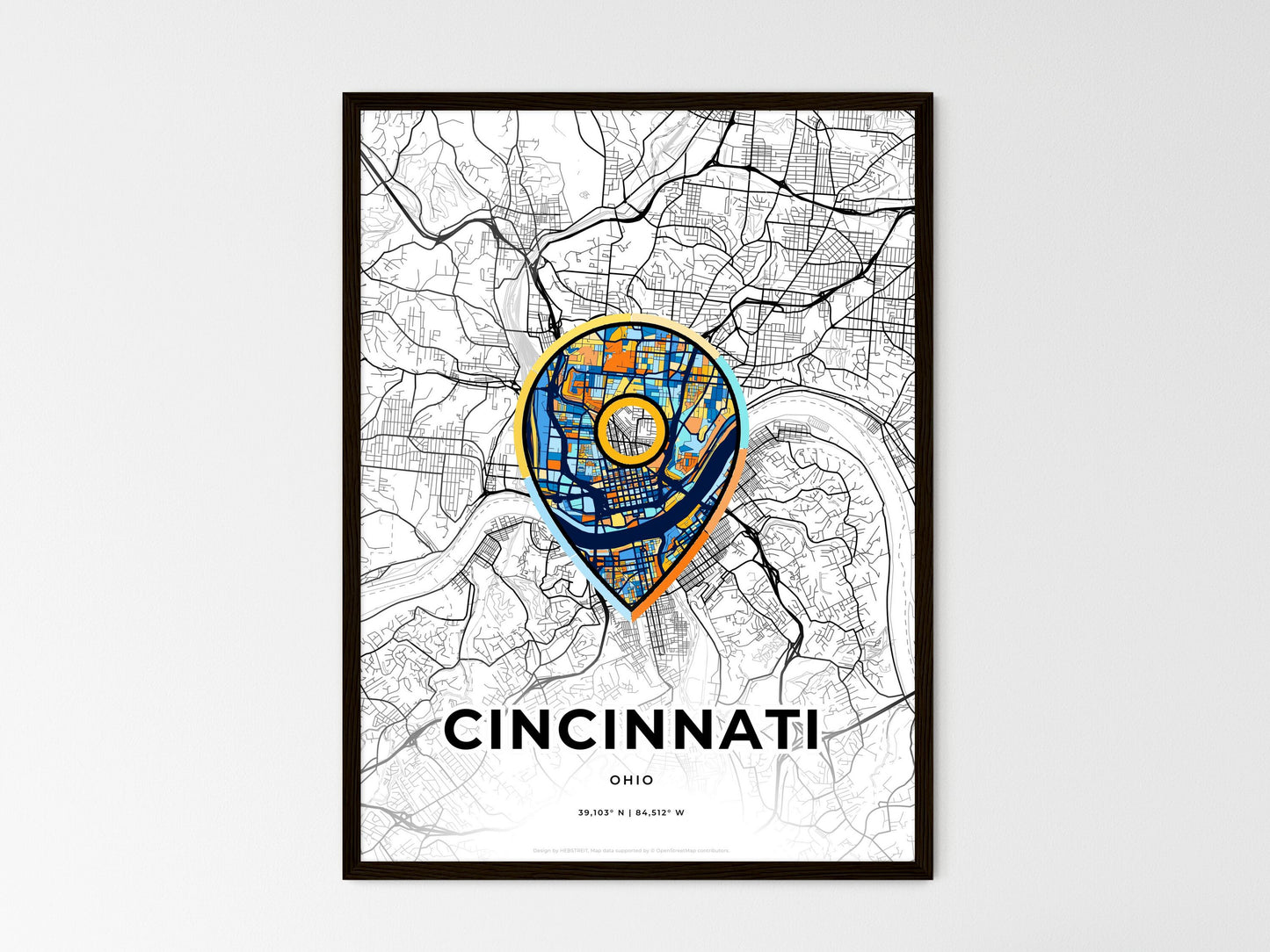 Cincinnati Ohio wedding art map with pointer icon