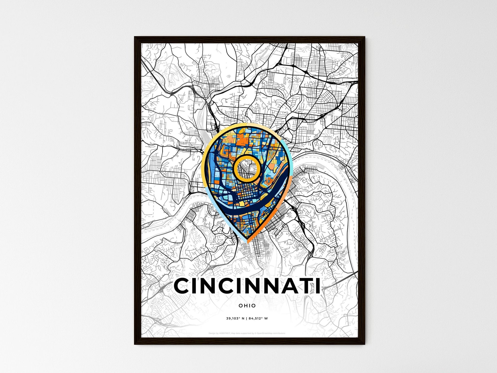 Cincinnati Ohio wedding art map with pointer icon