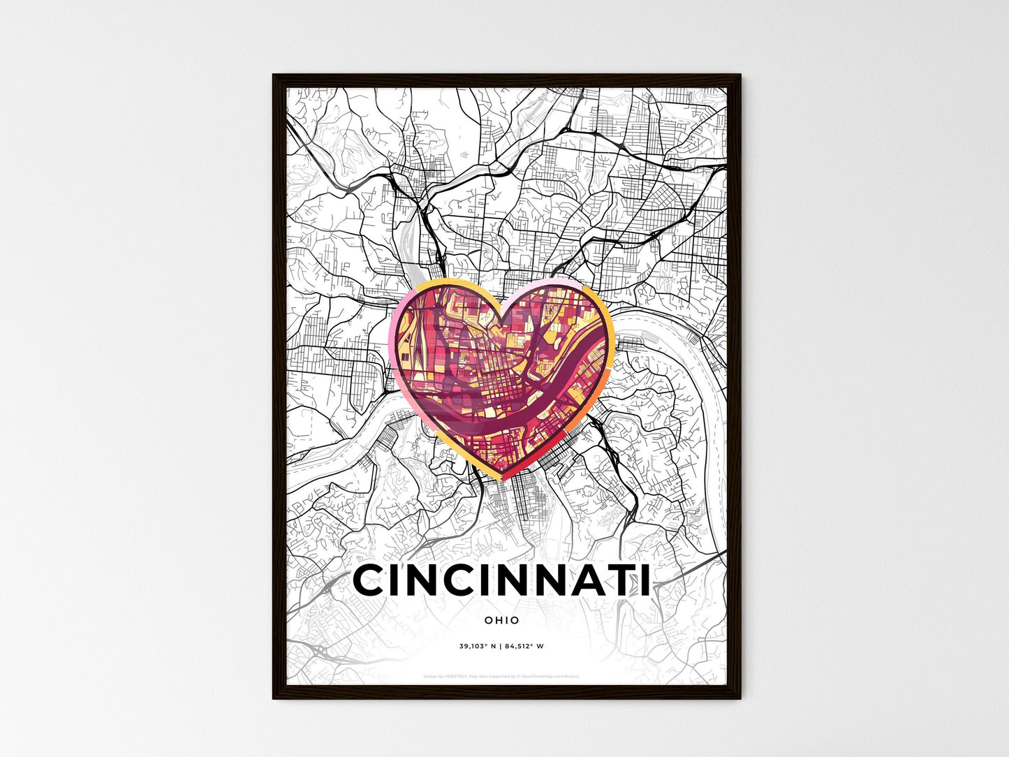 Cincinnati Ohio wedding art map with heart icon