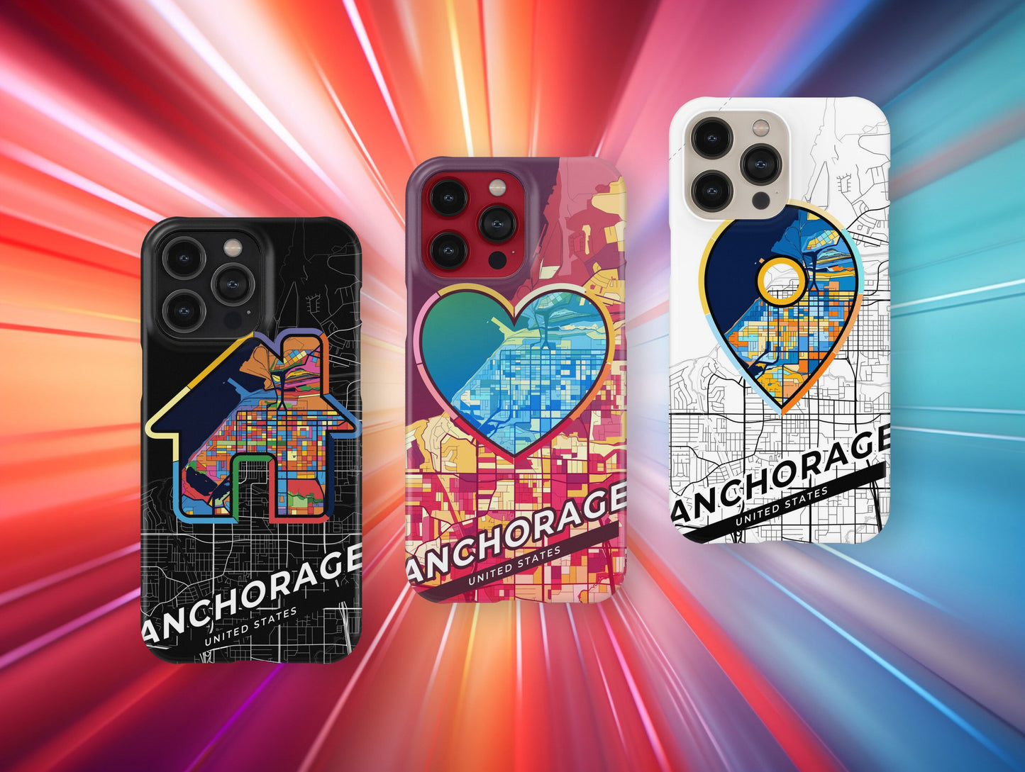 Anchorage Alaska slim phone case with colorful icon. Birthday, wedding or housewarming gift. Couple match cases.