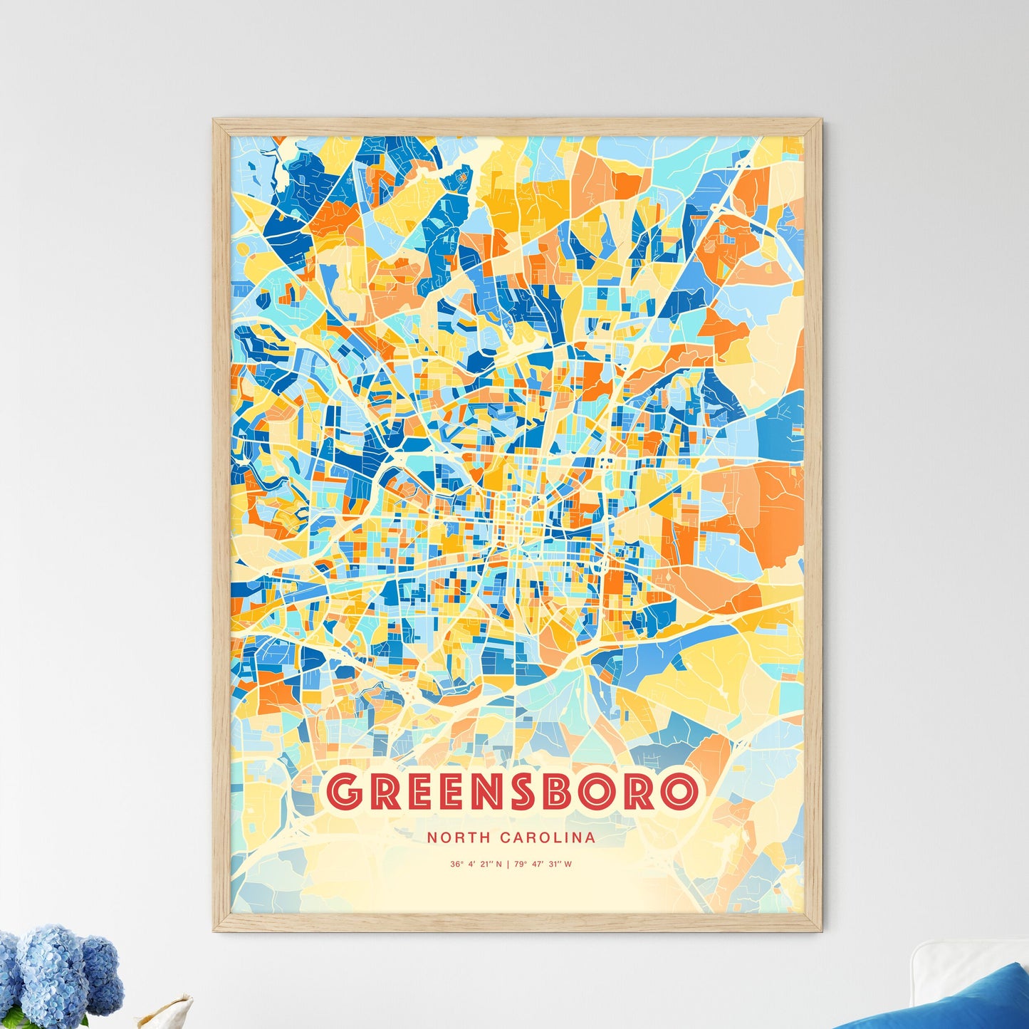 Colorful Greensboro North Carolina Fine Art Map Blue Orange