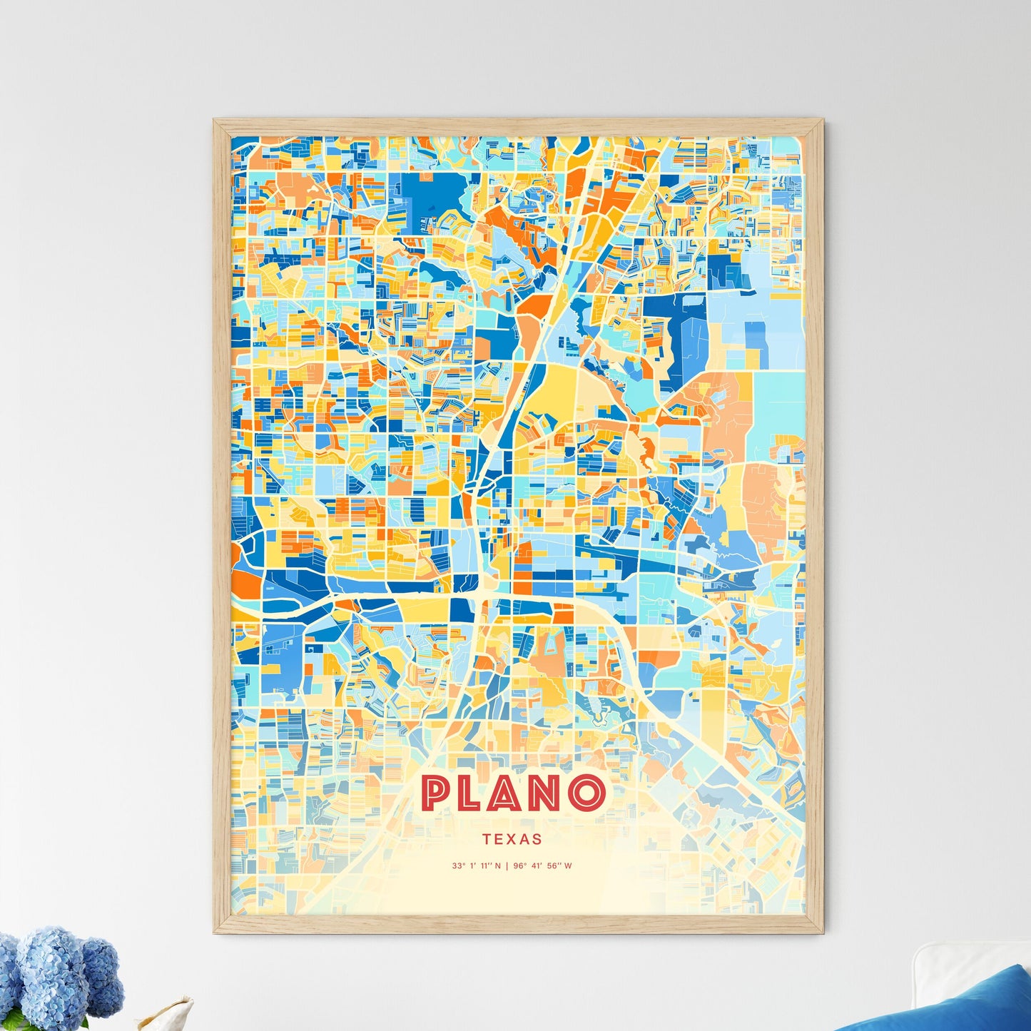 Colorful Plano Texas Fine Art Map Blue Orange