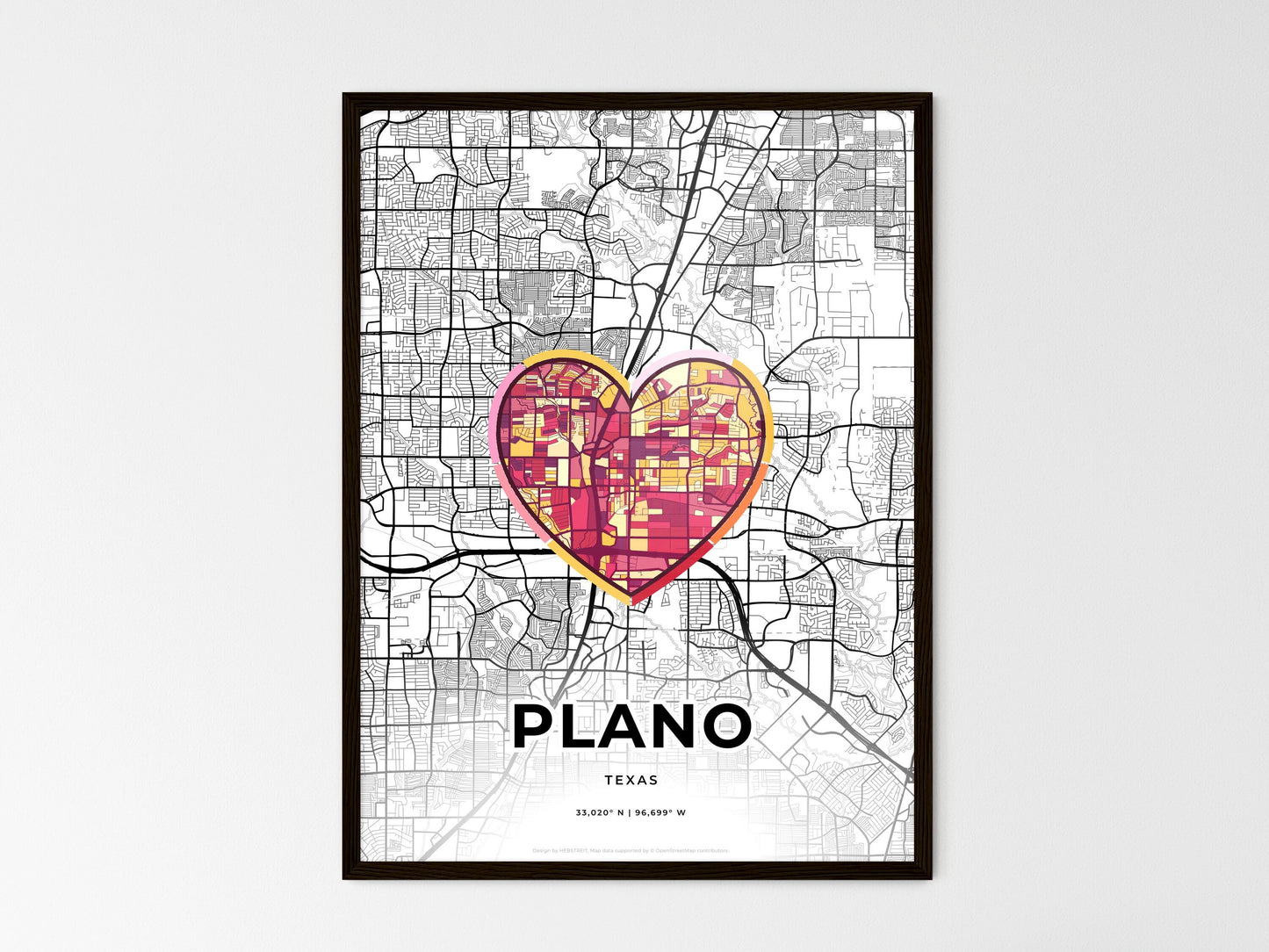 Plano Texas wedding art map with heart icon