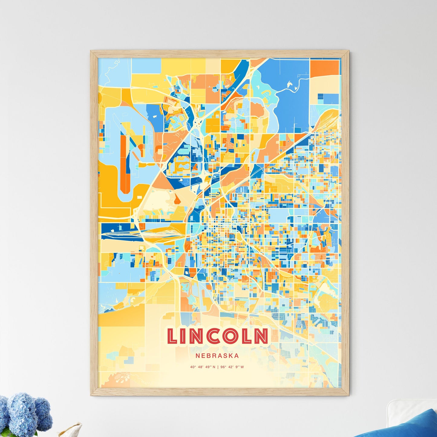 Colorful Lincoln Nebraska Fine Art Map Blue Orange