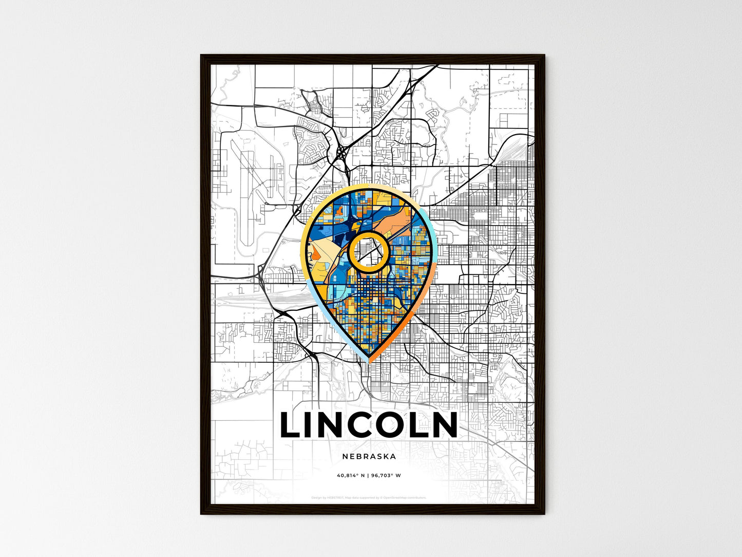 Lincoln Nebraska wedding art map with pointer icon