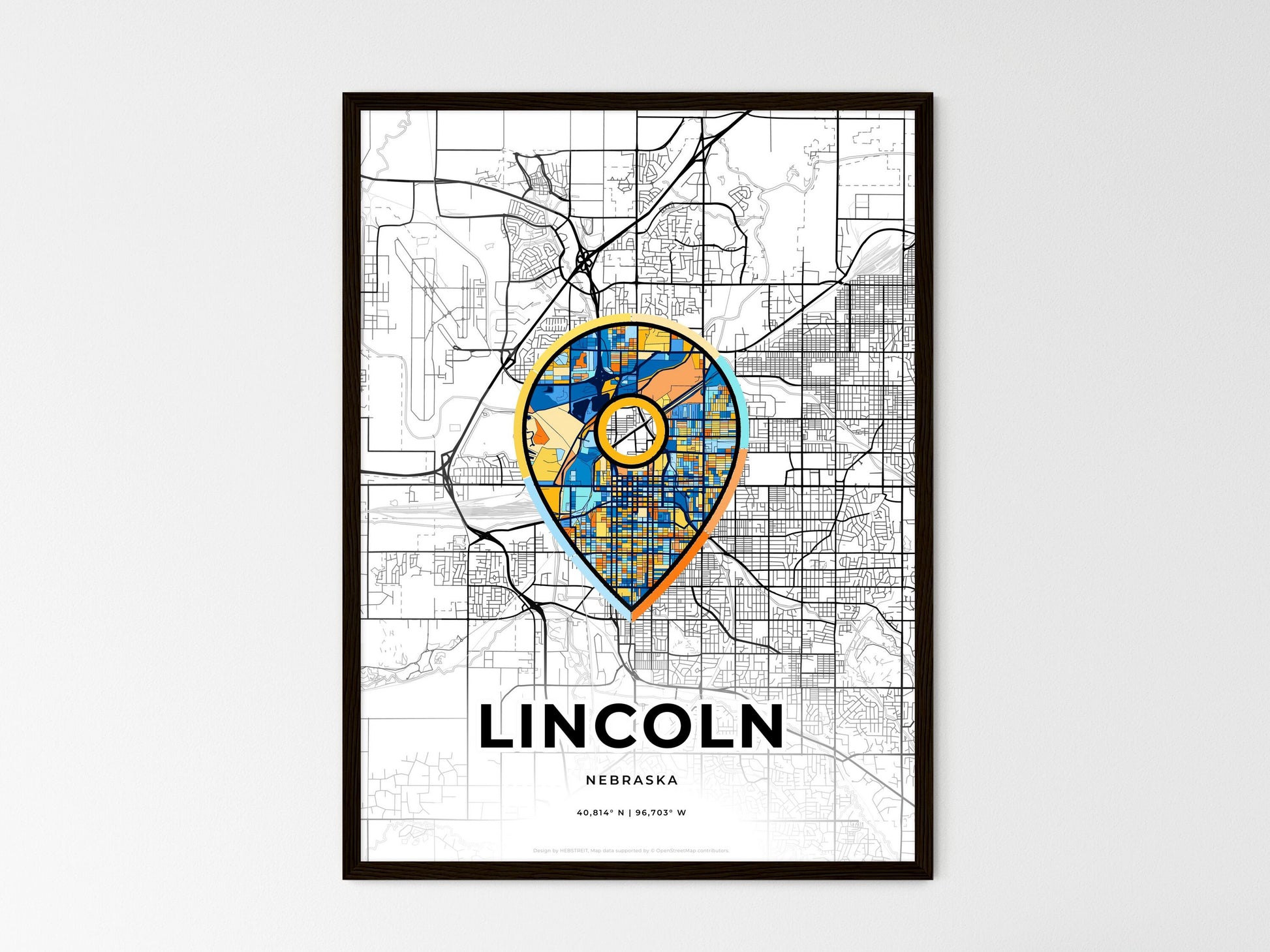 Lincoln Nebraska wedding art map with pointer icon