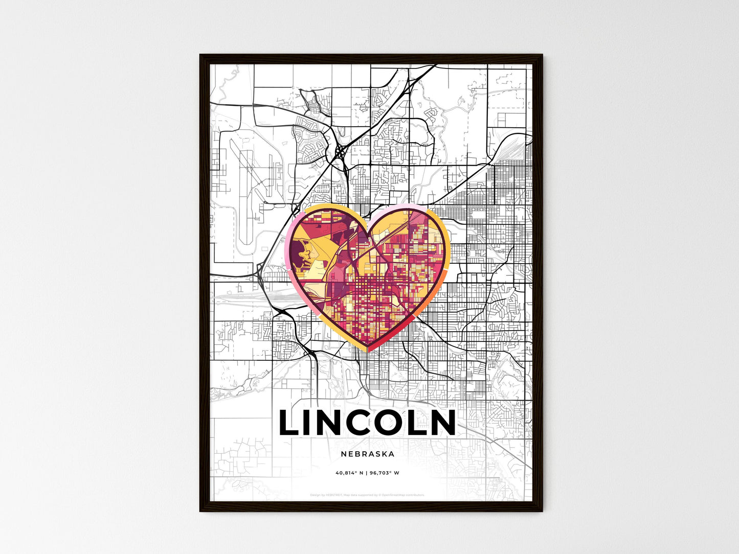 Lincoln Nebraska wedding art map with heart icon