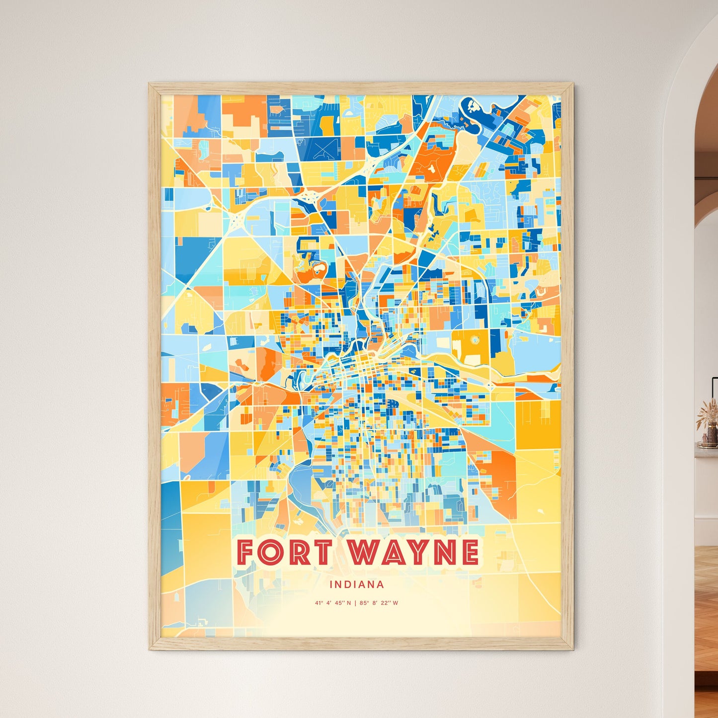 Colorful Fort Wayne Indiana Fine Art Map Blue Orange