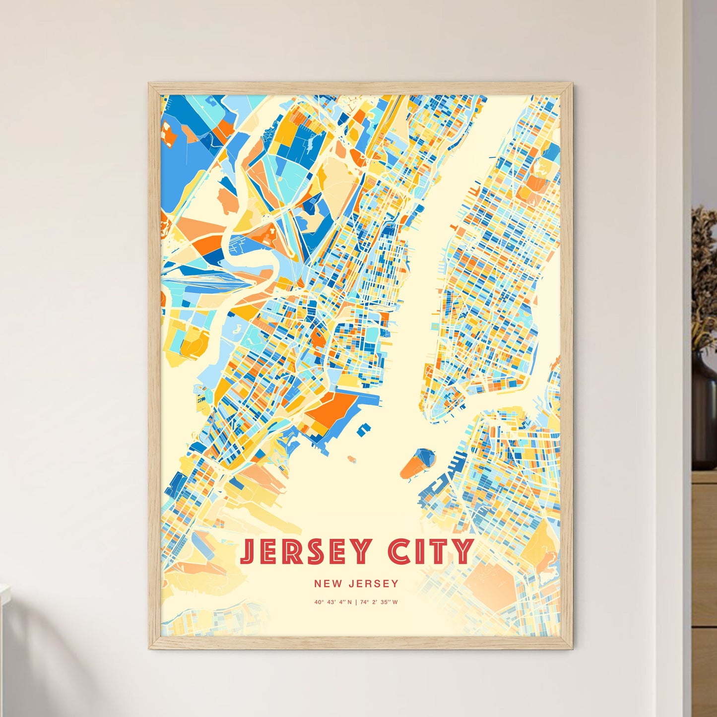 Colorful Jersey City New Jersey Fine Art Map Blue Orange