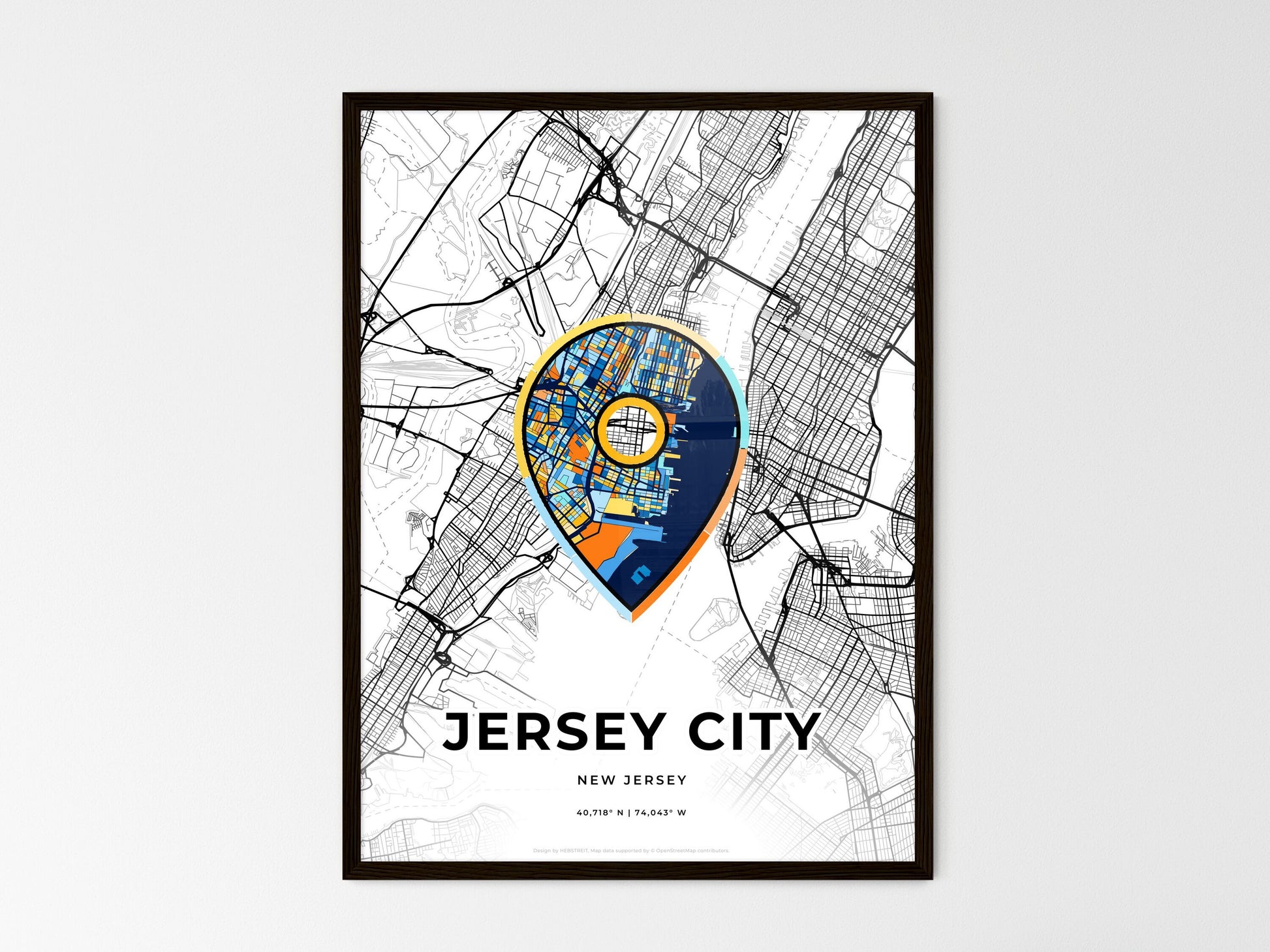 Jersey City New Jersey wedding art map with pointer icon