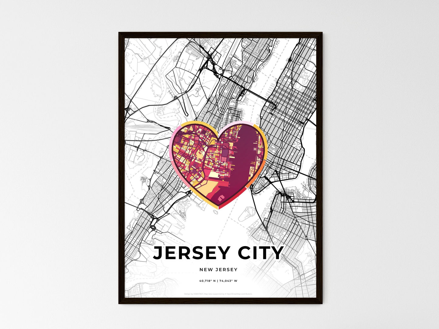 Jersey City New Jersey wedding art map with heart icon