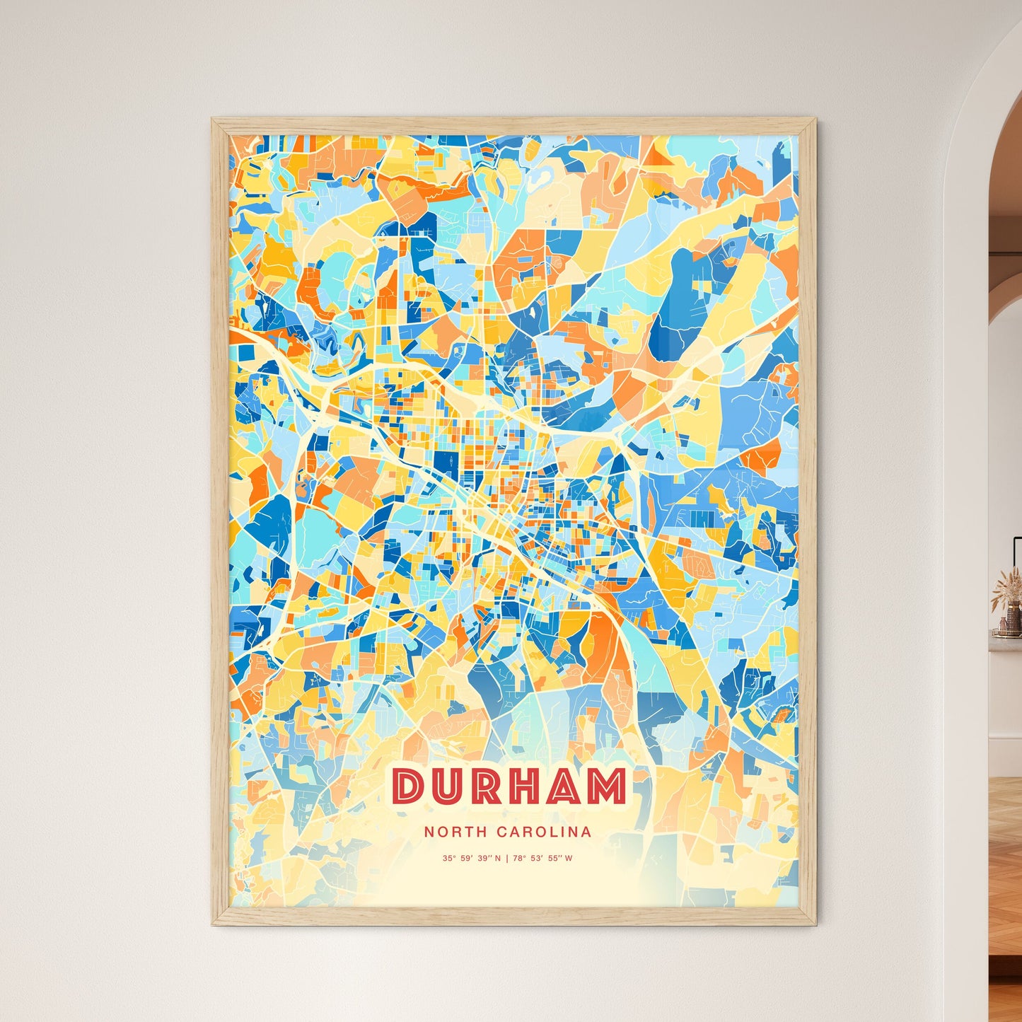 Colorful Durham North Carolina Fine Art Map Blue Orange