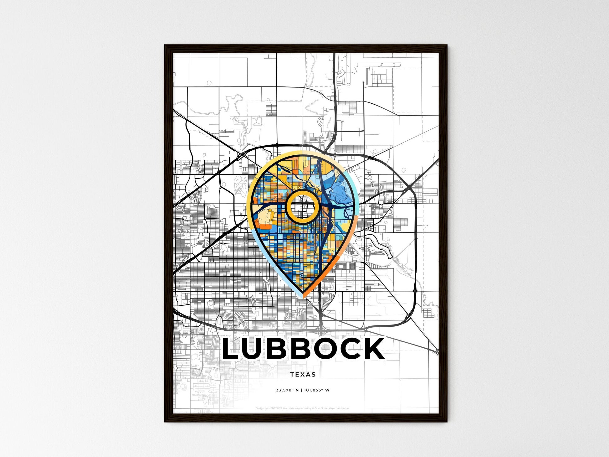 Lubbock Texas wedding art map with pointer icon