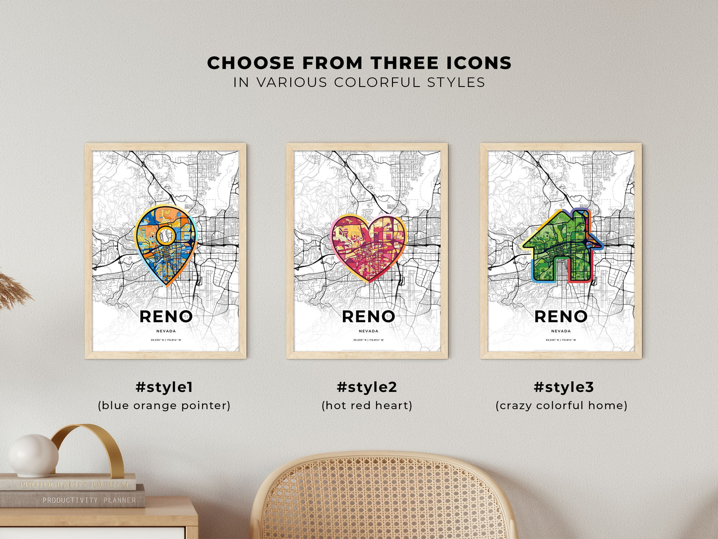 Reno Nevada maps with colorful icons