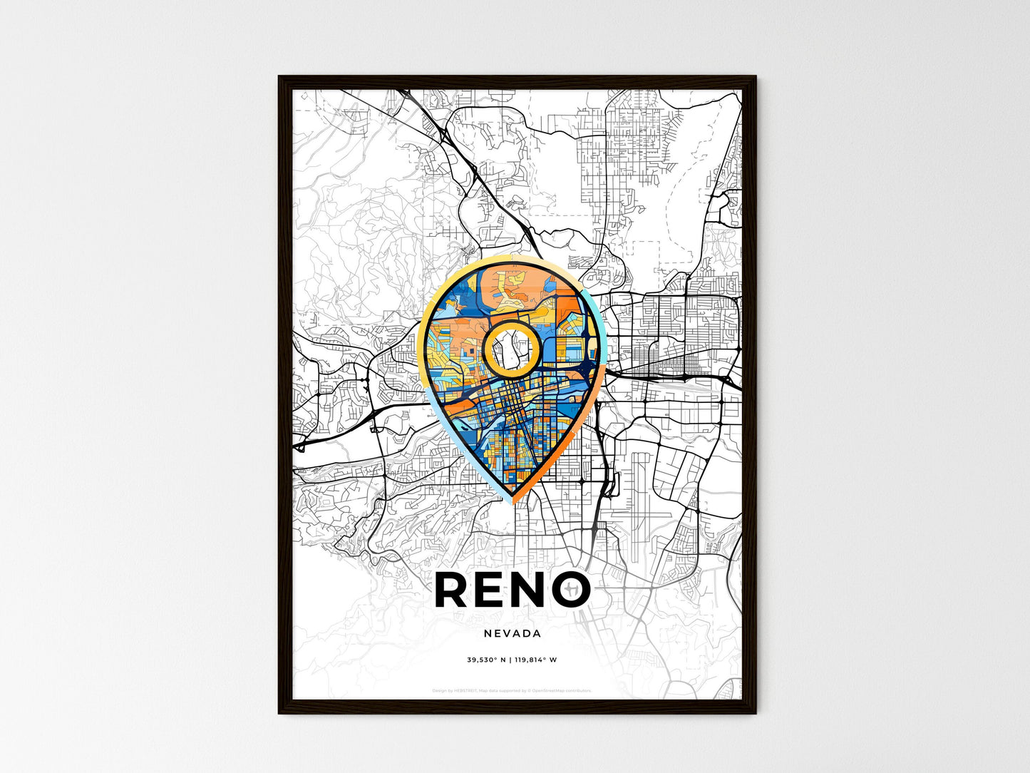Reno Nevada wedding art map with pointer icon