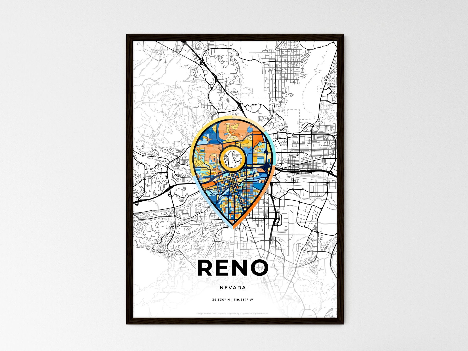 Reno Nevada wedding art map with pointer icon