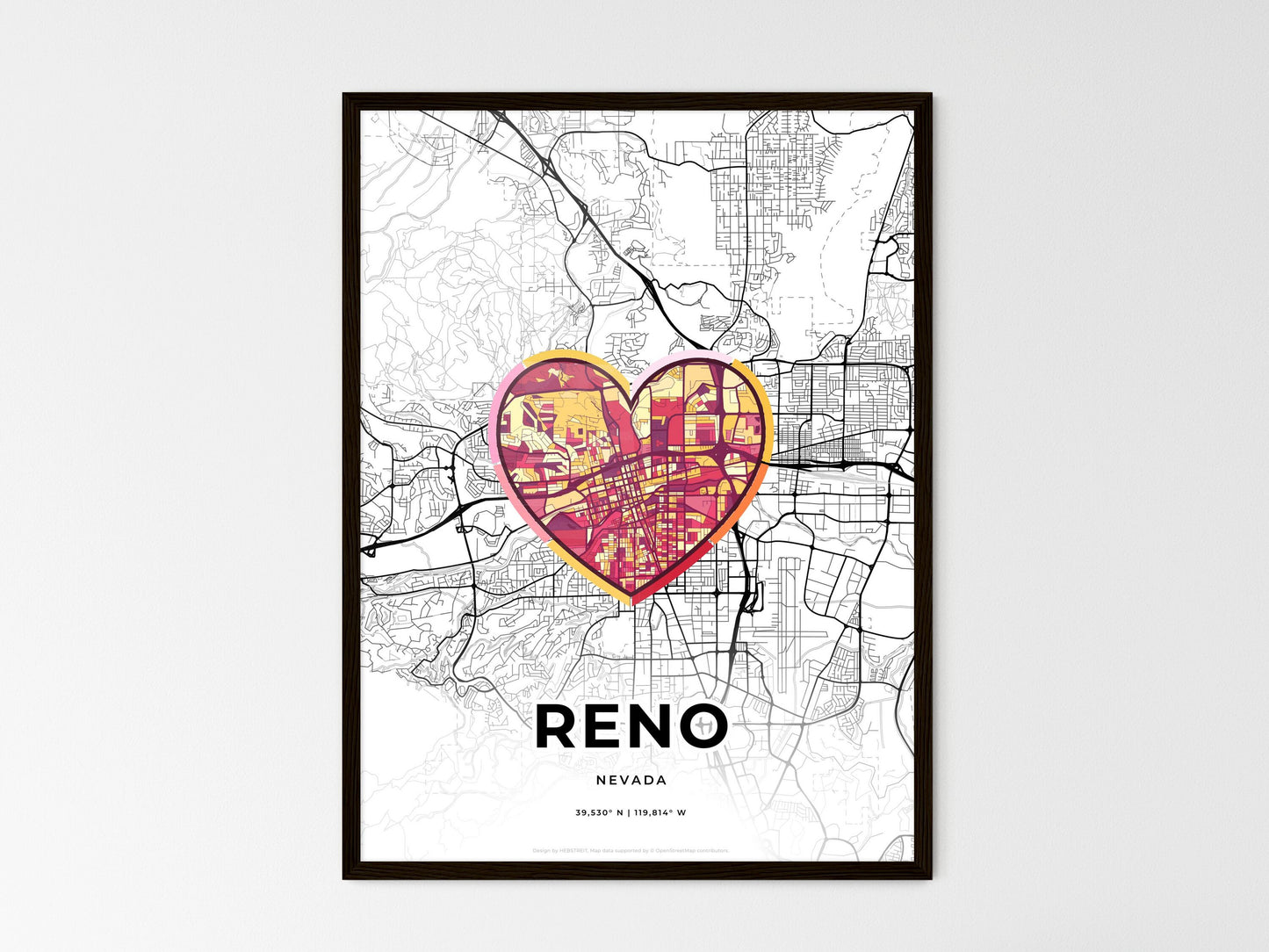 Reno Nevada wedding art map with heart icon