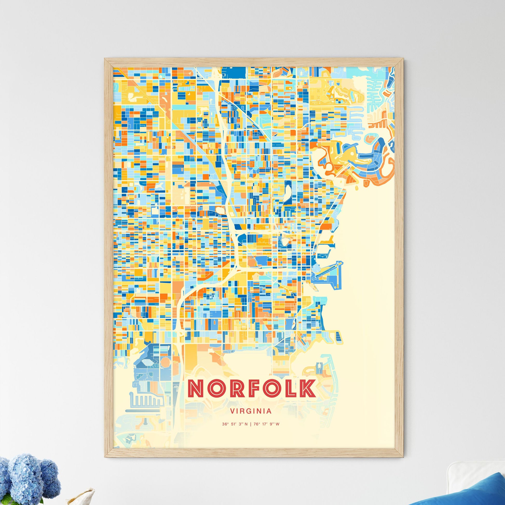 Colorful NORFOLK VIRGINIA Fine Art Map Blue Orange