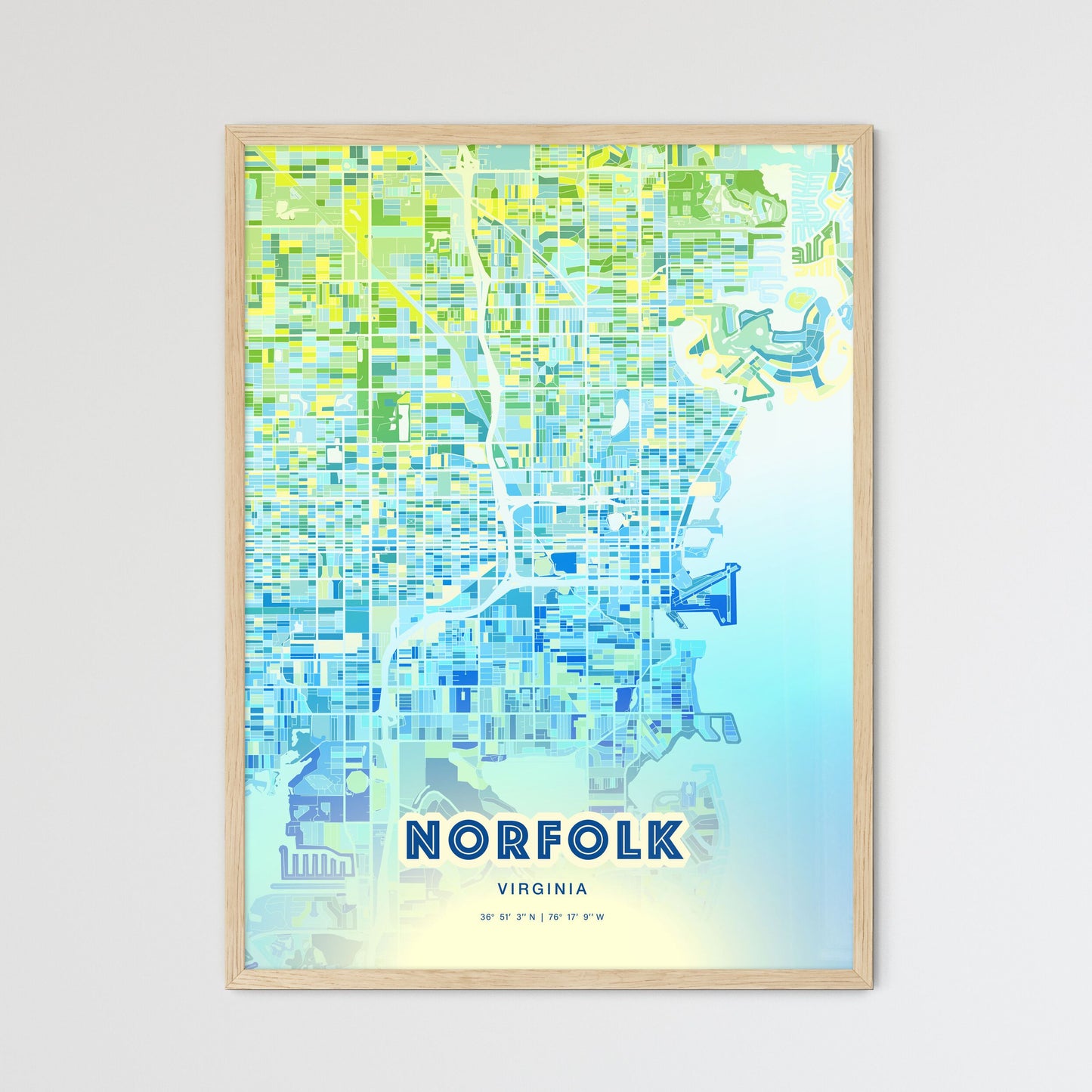 Colorful NORFOLK VIRGINIA Fine Art Map Cool Blue