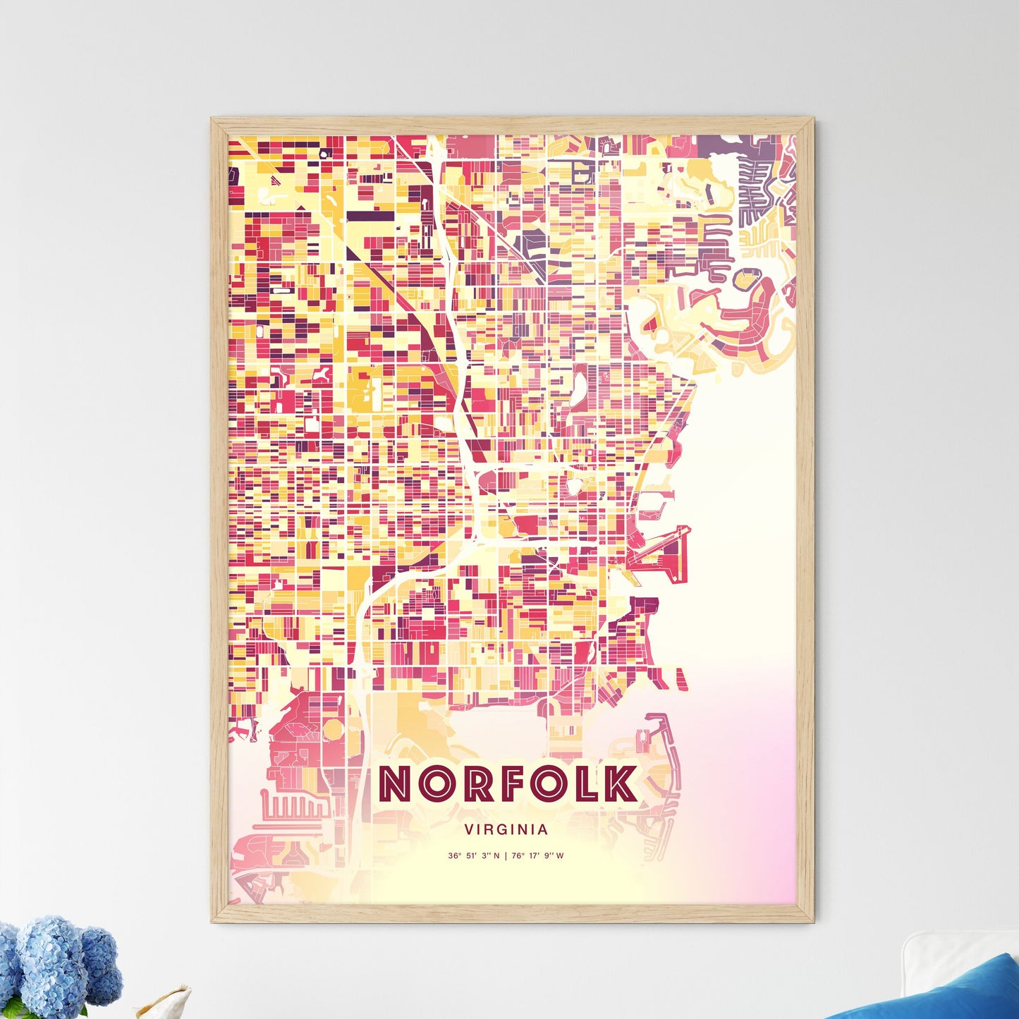 Colorful NORFOLK VIRGINIA Fine Art Map Hot Red