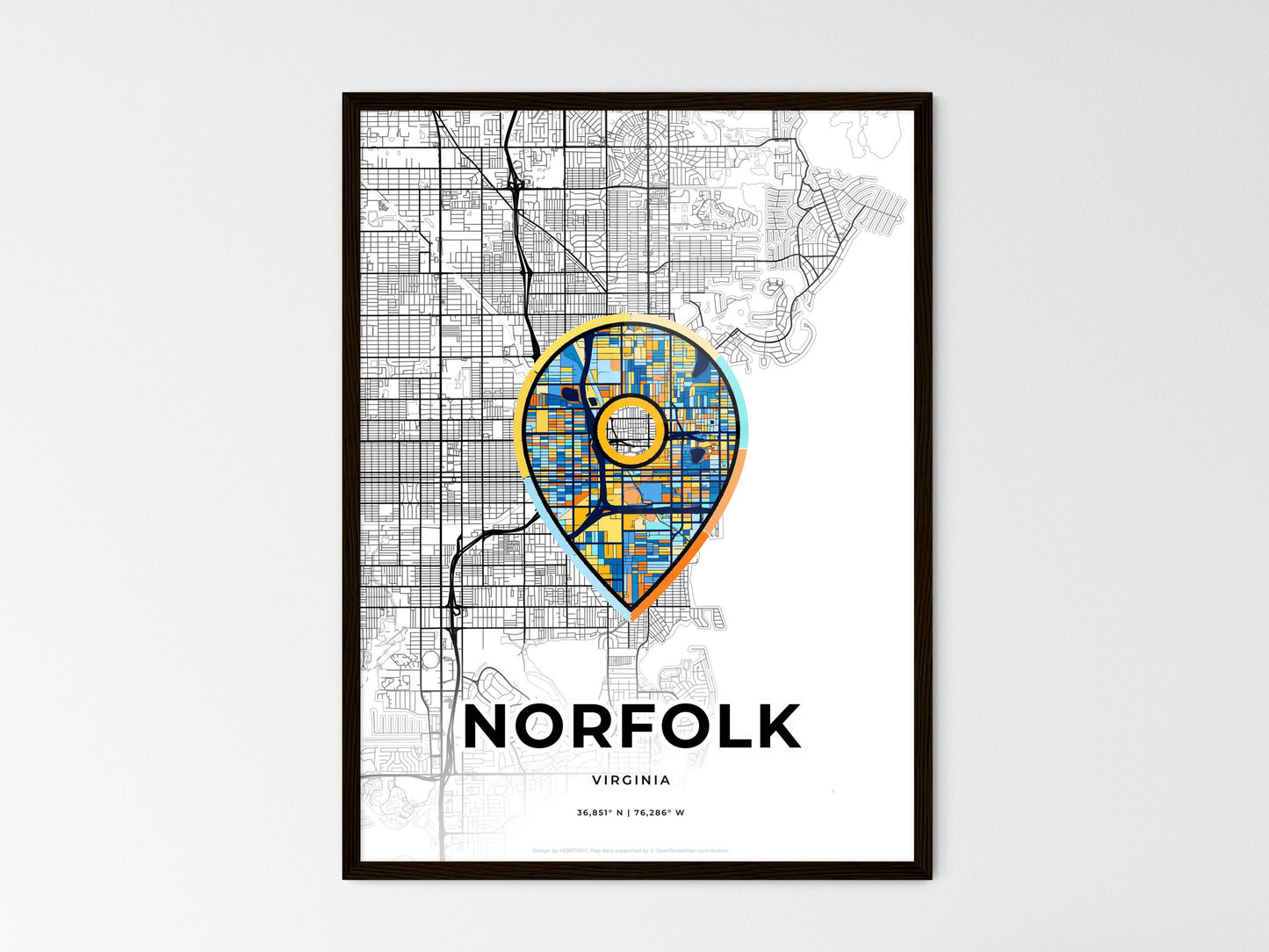 Norfolk Virginia wedding art map with pointer icon