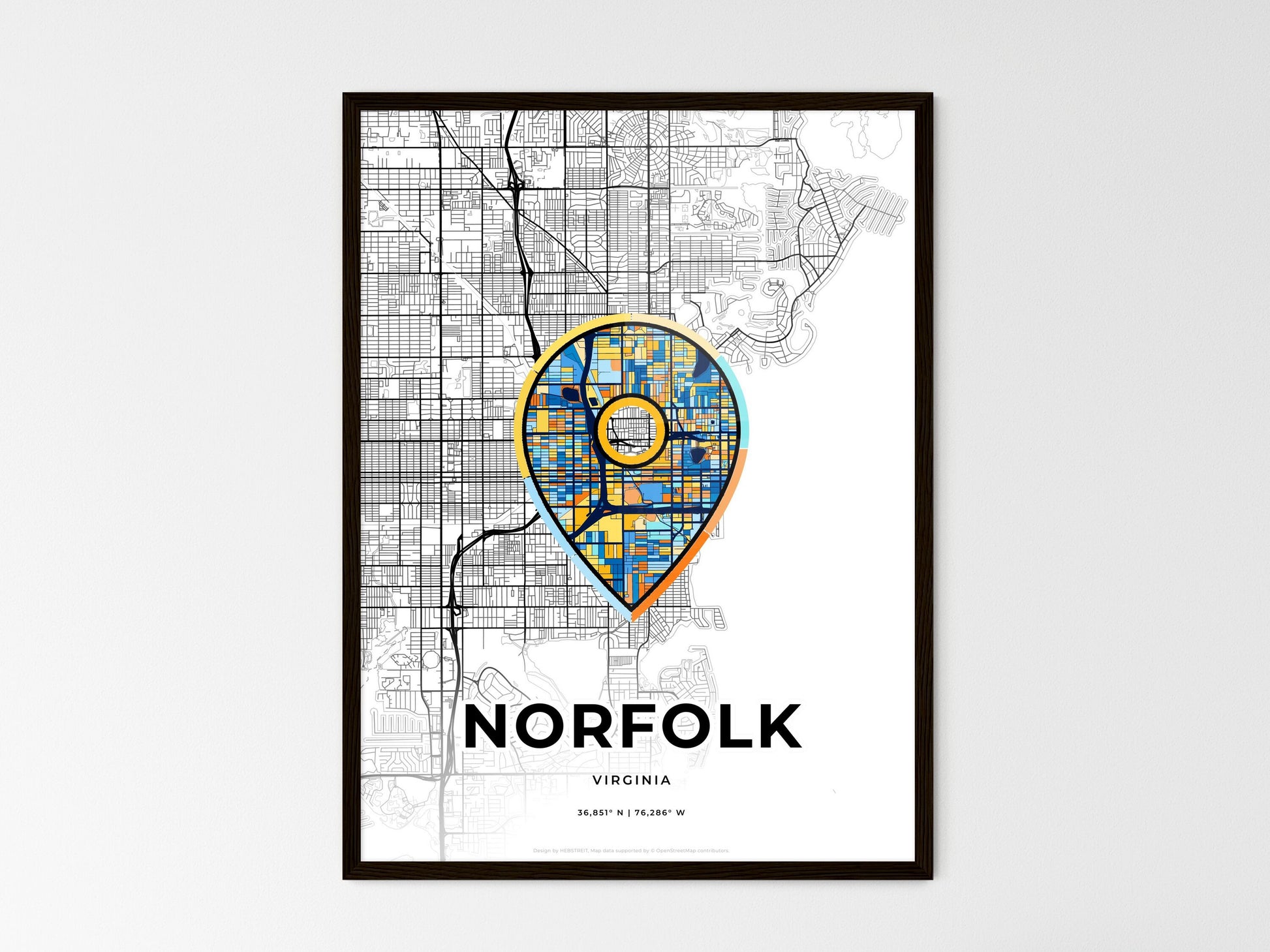 Norfolk Virginia wedding art map with pointer icon