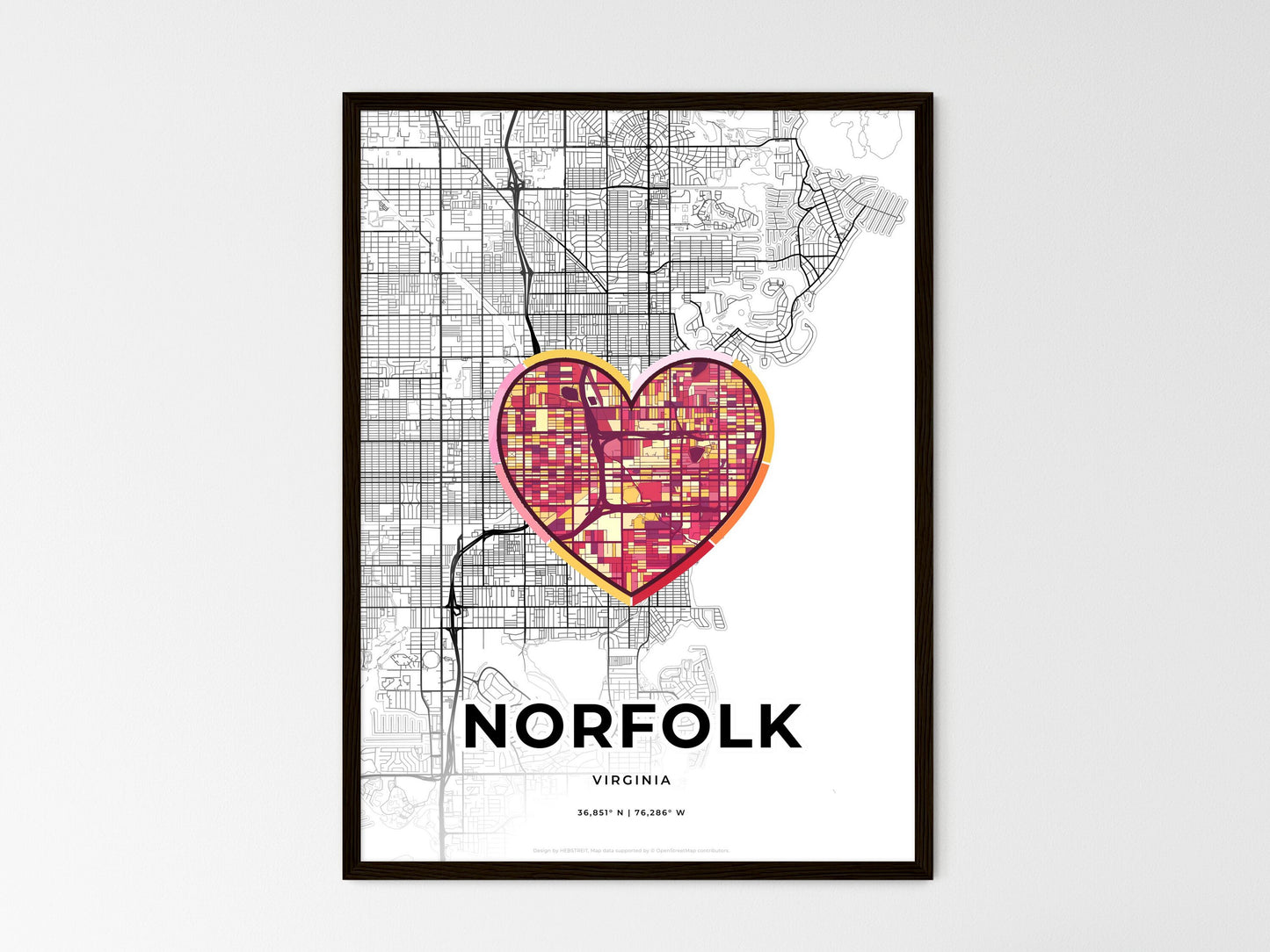 Norfolk Virginia wedding art map with heart icon