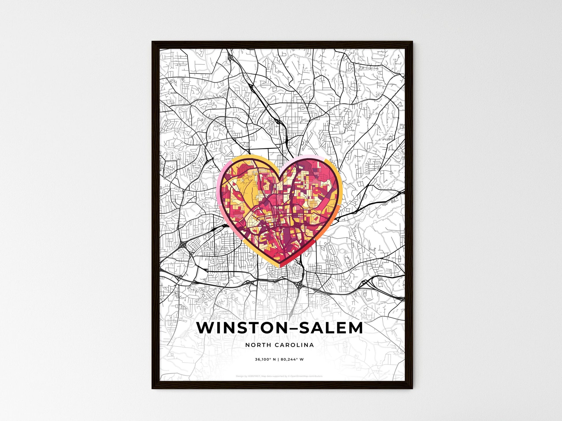 Winston–Salem North Carolina wedding art map with heart icon
