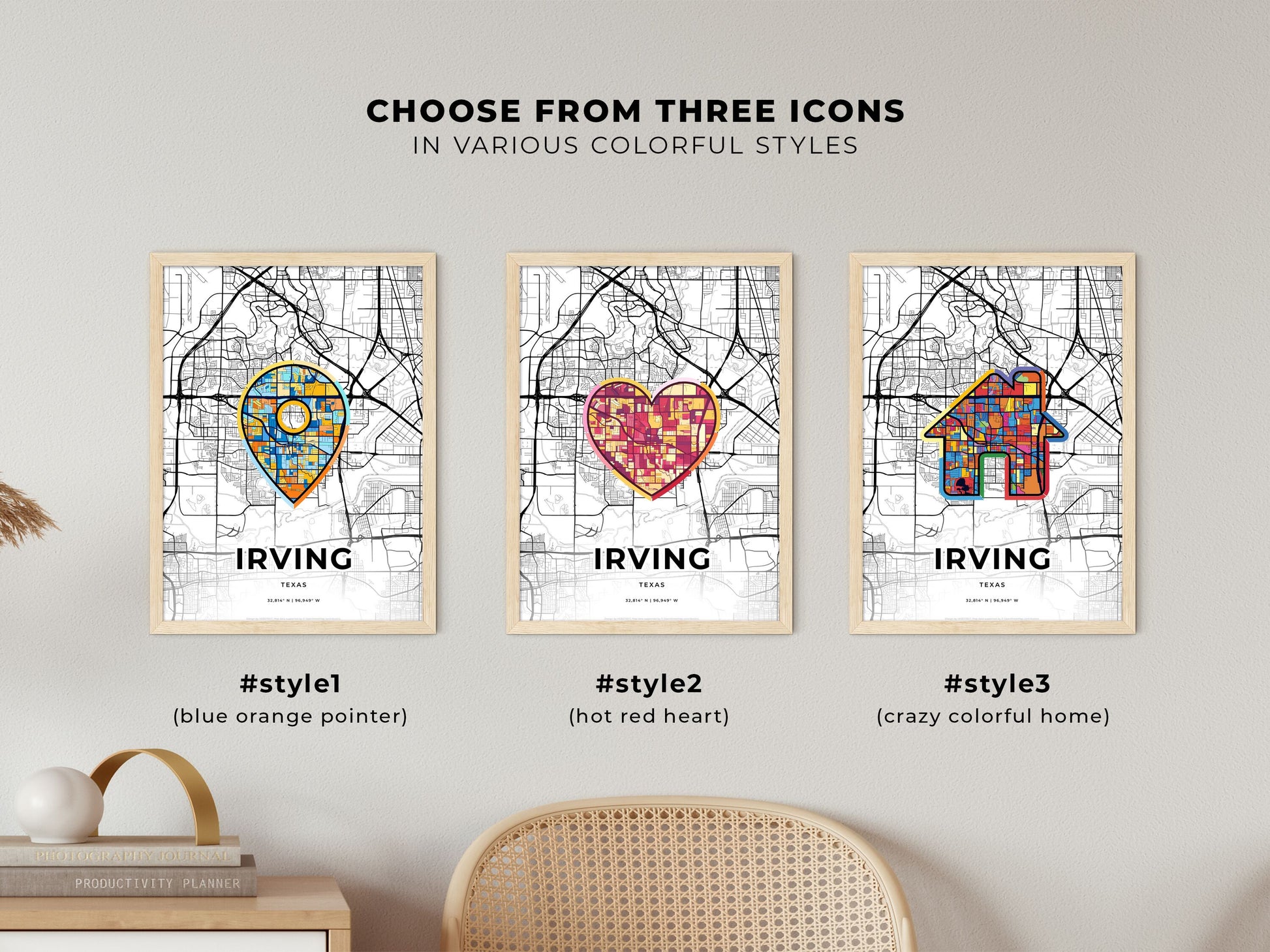 Irving Texas maps with colorful icons