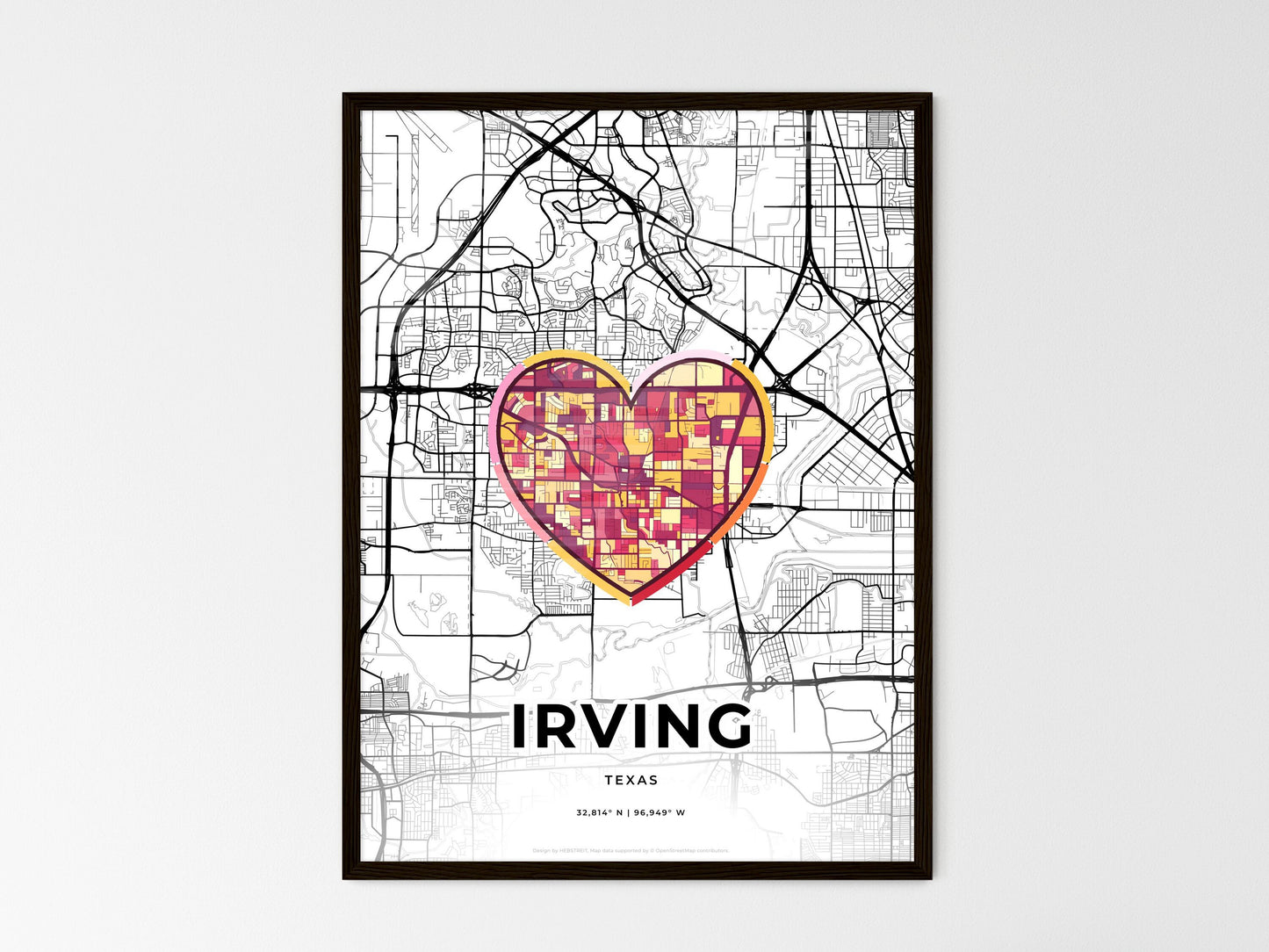 Irving Texas wedding art map with heart icon