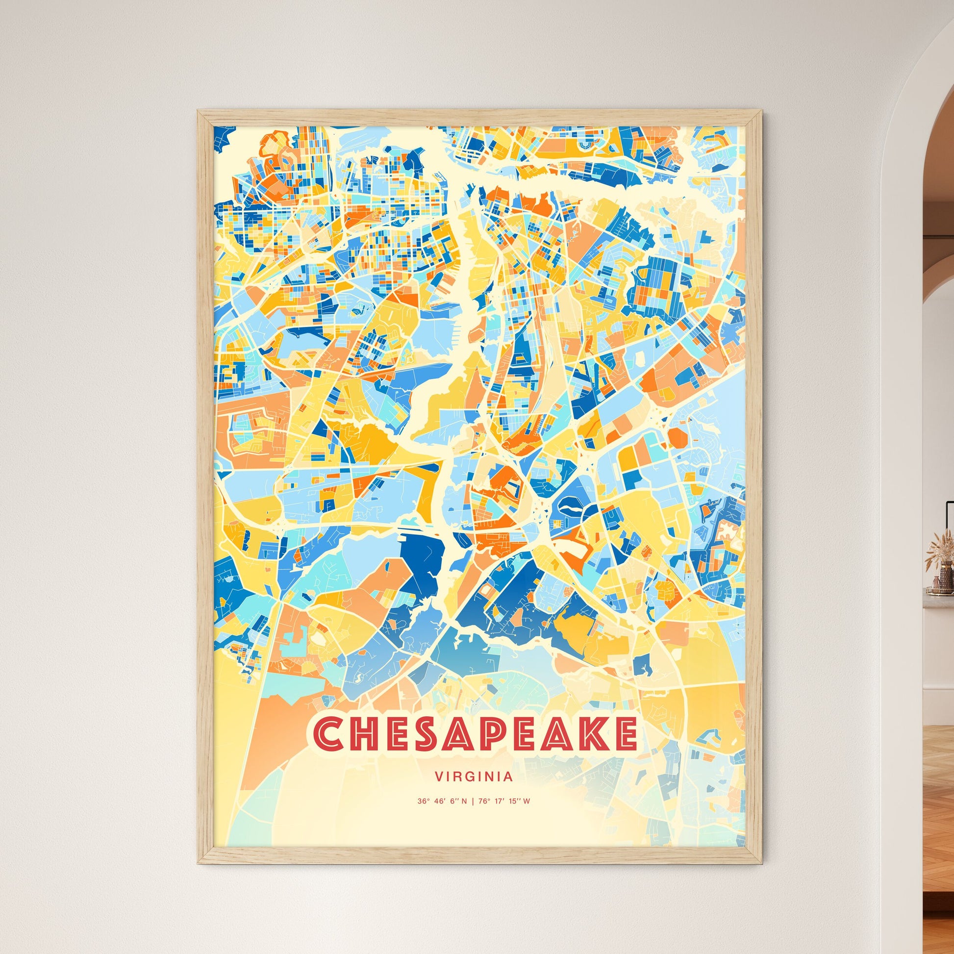 Colorful Chesapeake Virginia Fine Art Map Blue Orange