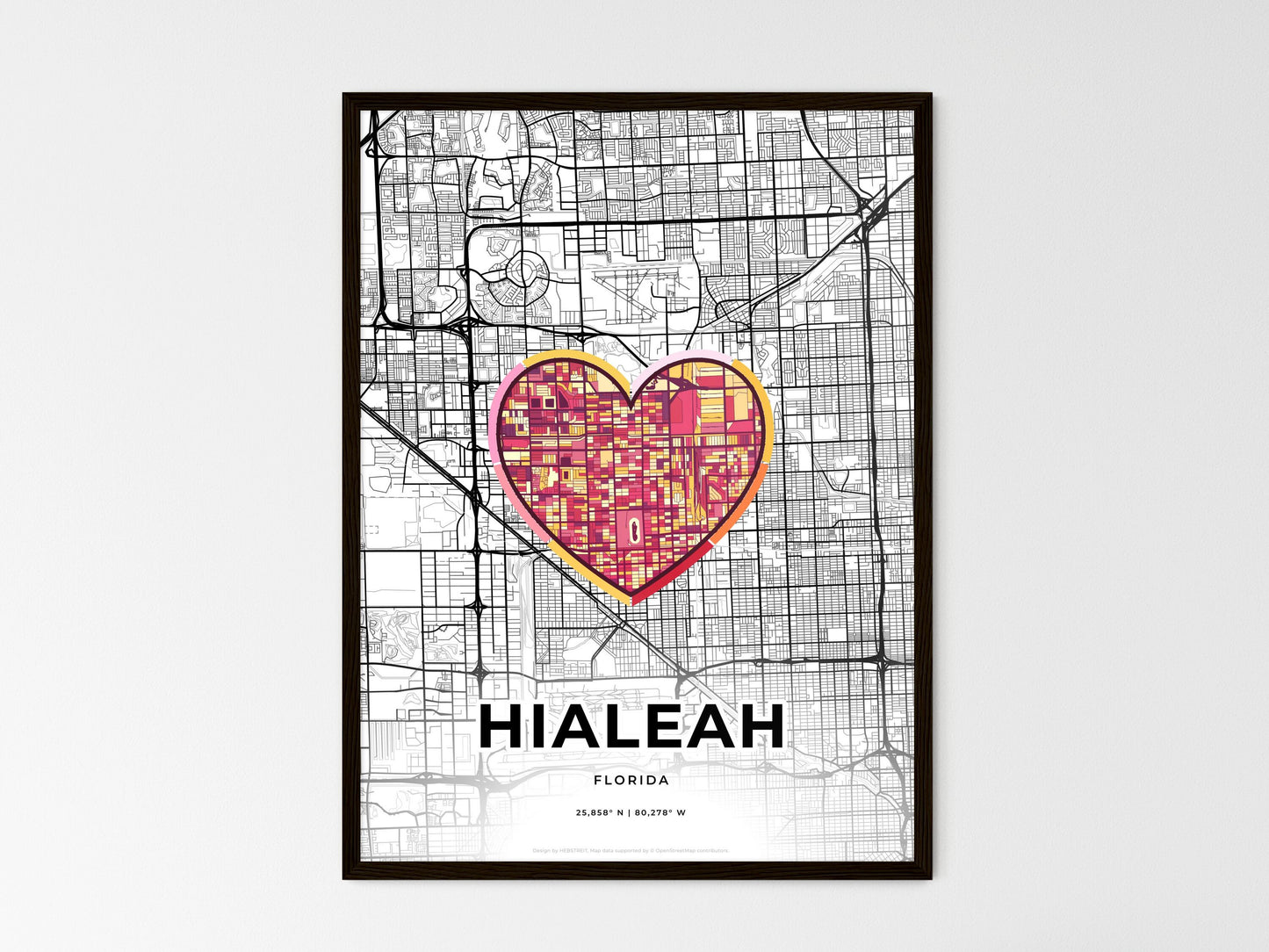 Hialeah Florida wedding art map with heart icon