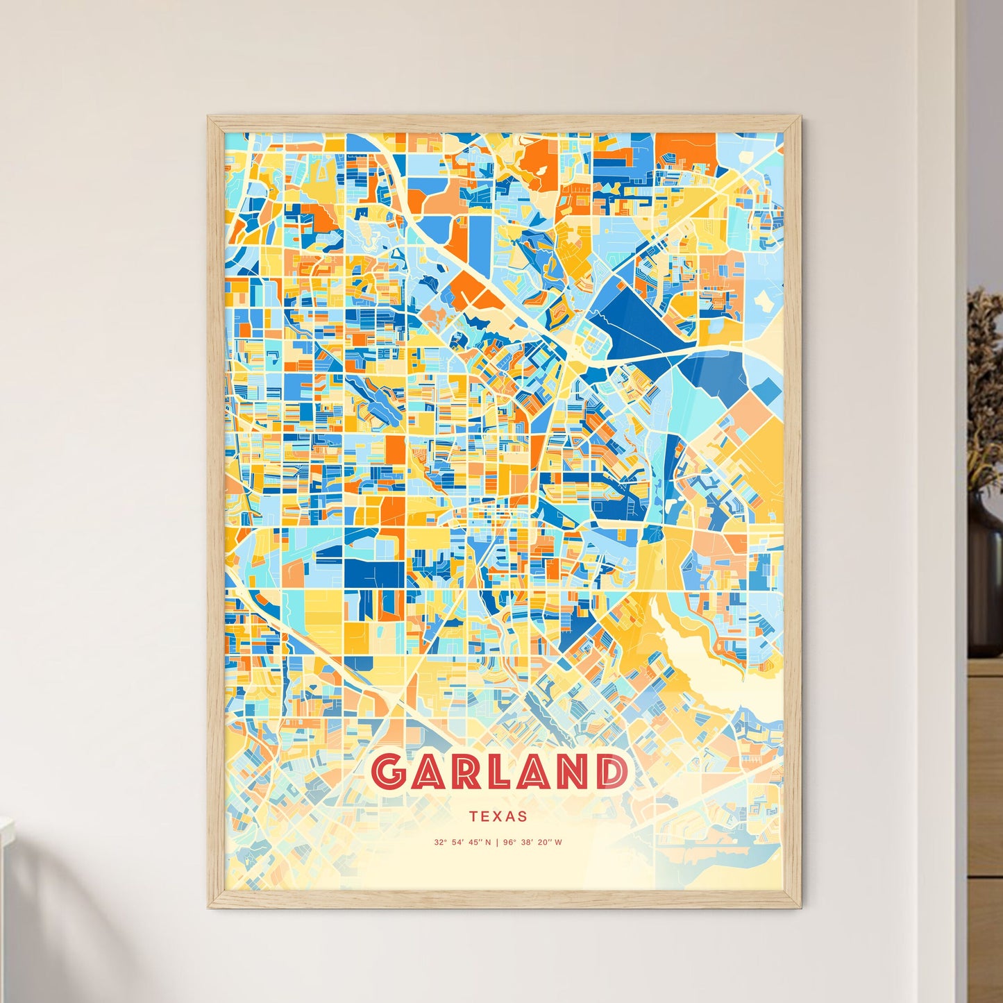 Colorful Garland Texas Fine Art Map Blue Orange
