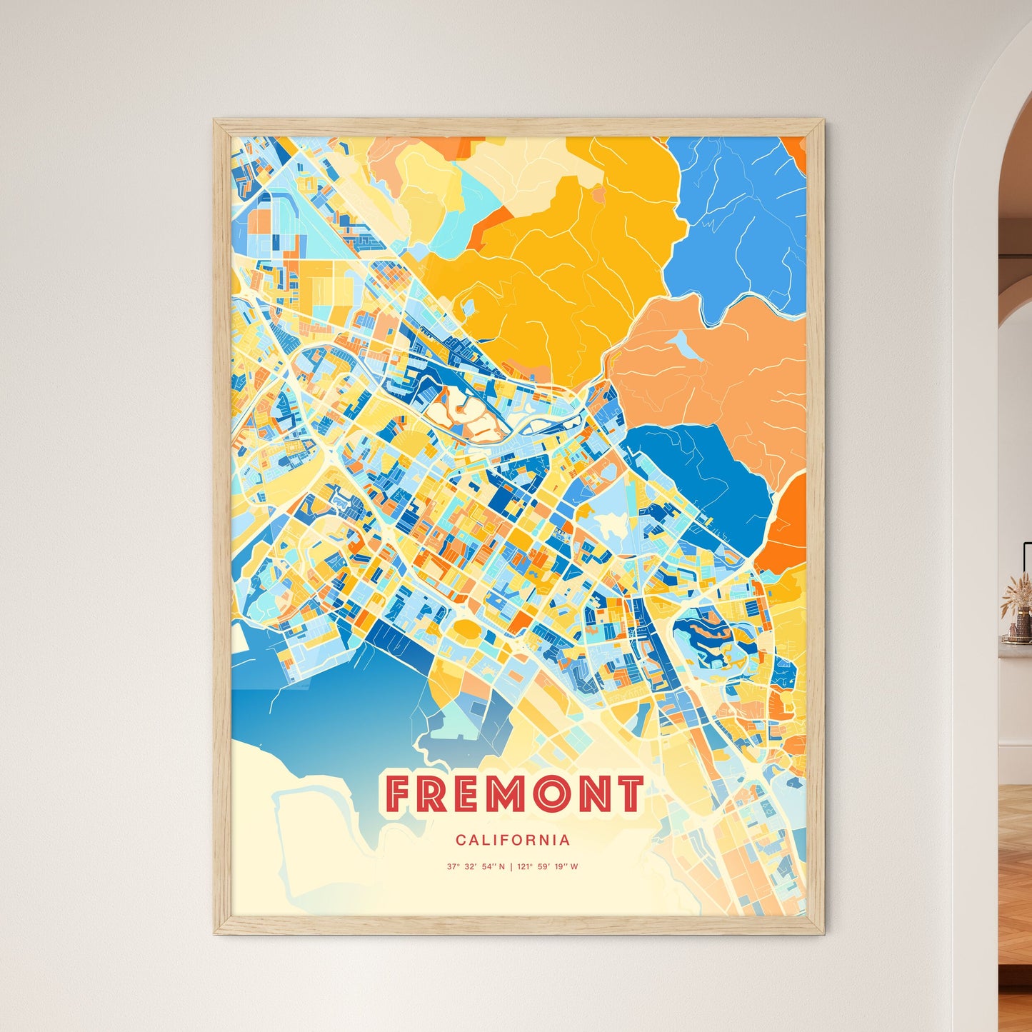 Colorful Fremont California Fine Art Map Blue Orange