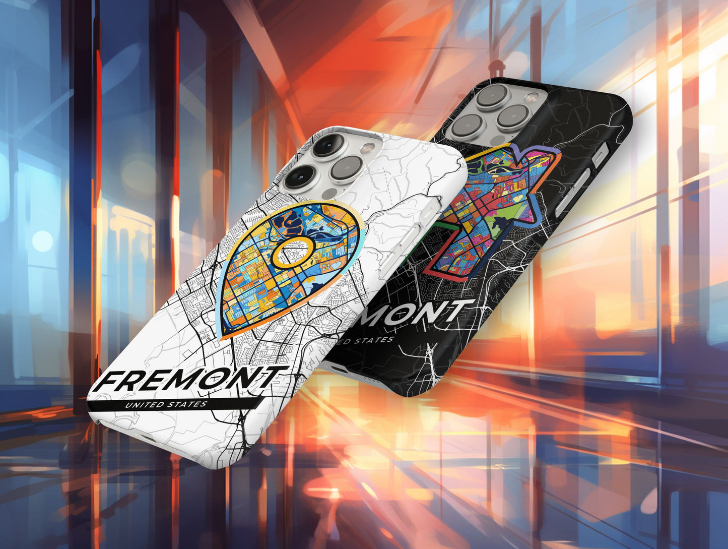Fremont California slim phone case with colorful icon. Birthday, wedding or housewarming gift. Couple match cases.