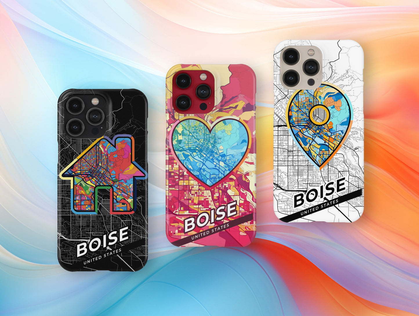 Boise Idaho slim phone case with colorful icon. Birthday, wedding or housewarming gift. Couple match cases.