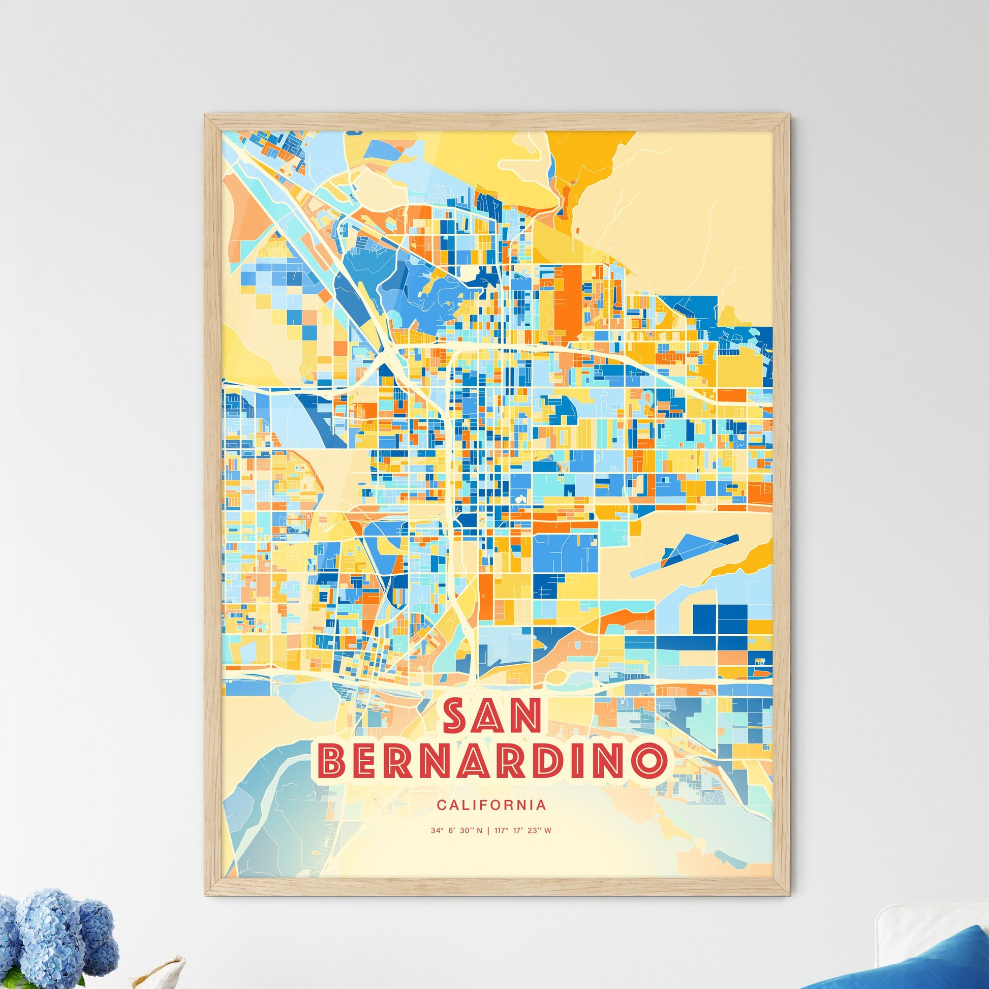Colorful San Bernardino California Fine Art Map Blue Orange