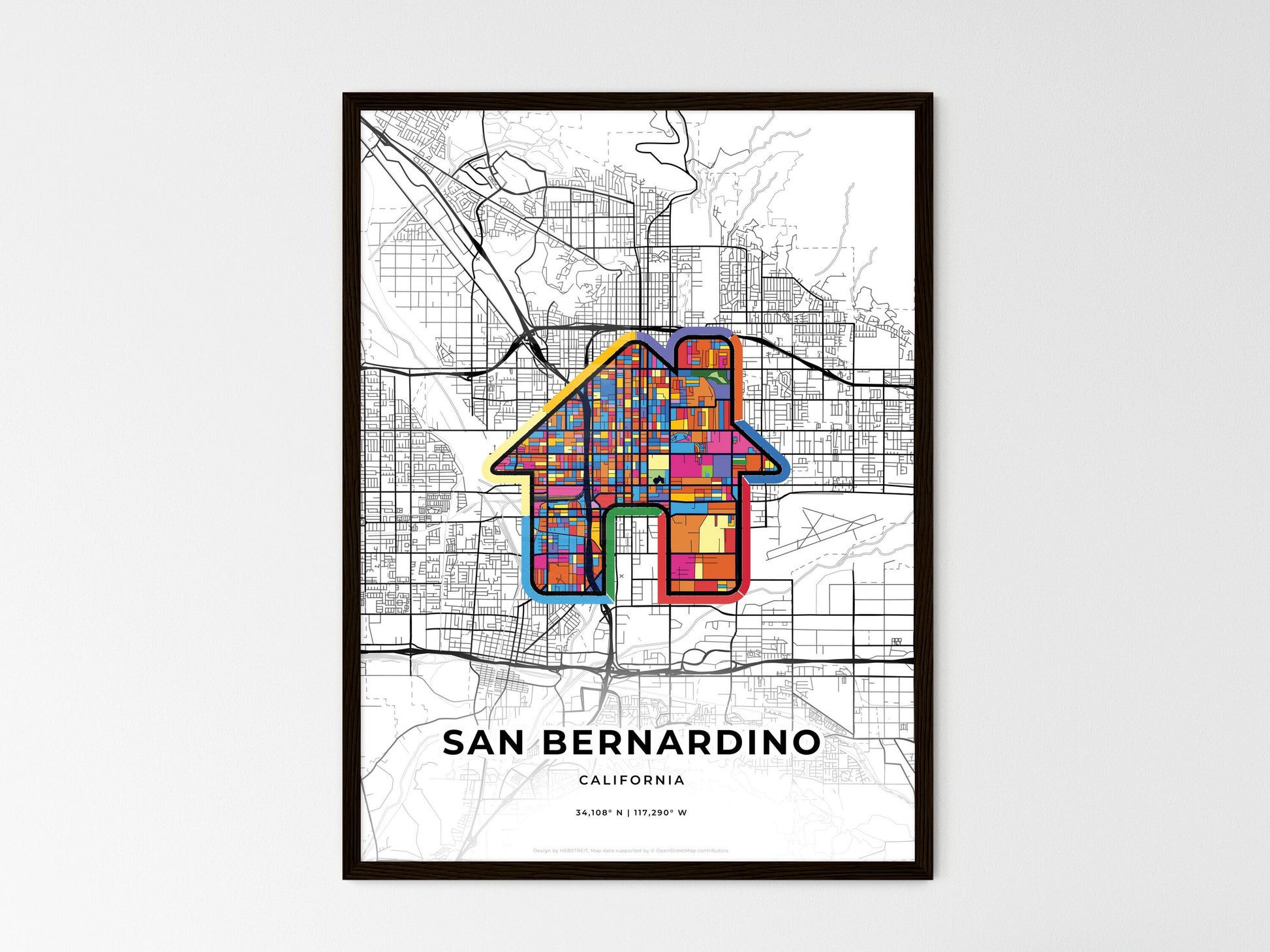 San Bernardino California wedding art map with home icon