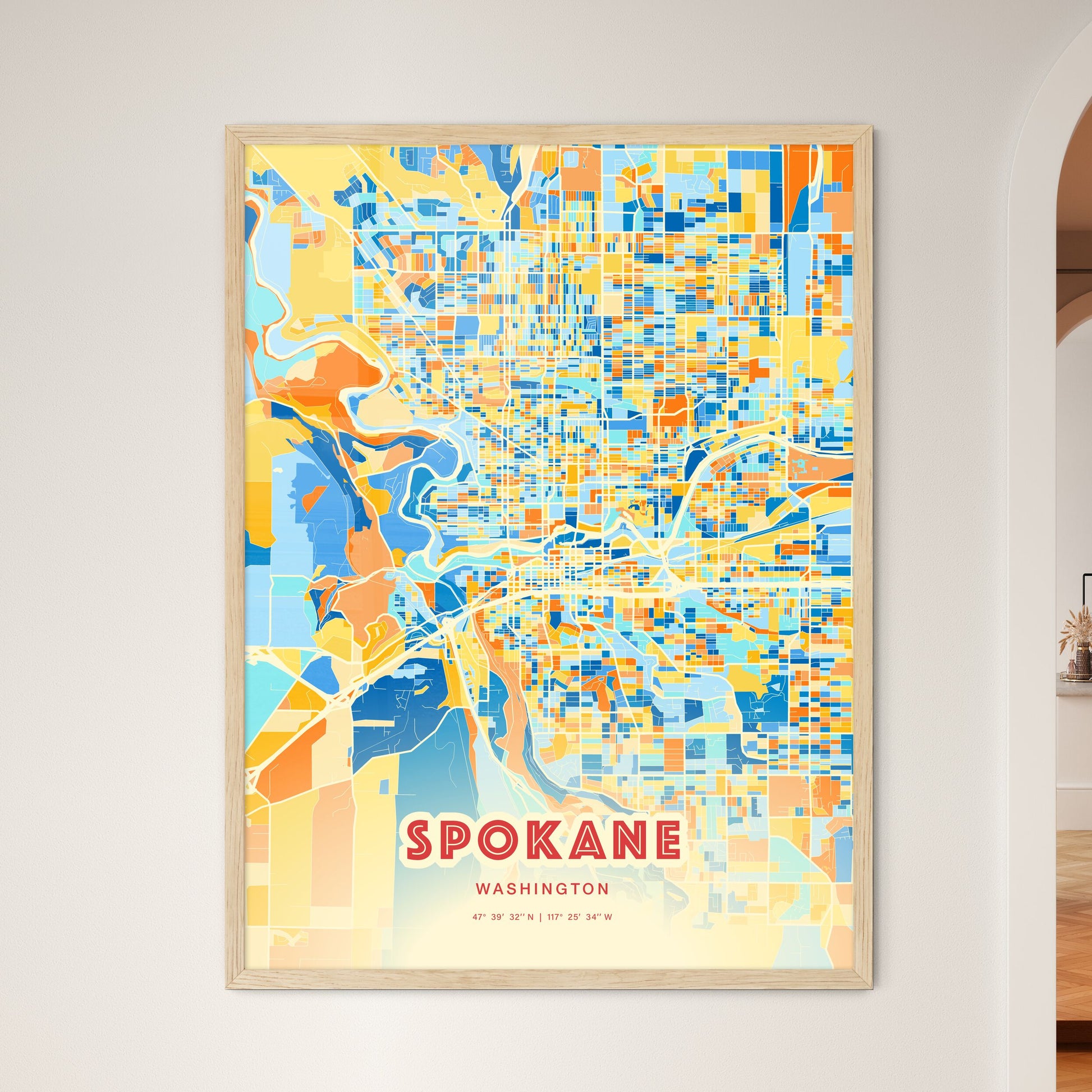 Colorful Spokane Washington Fine Art Map Blue Orange