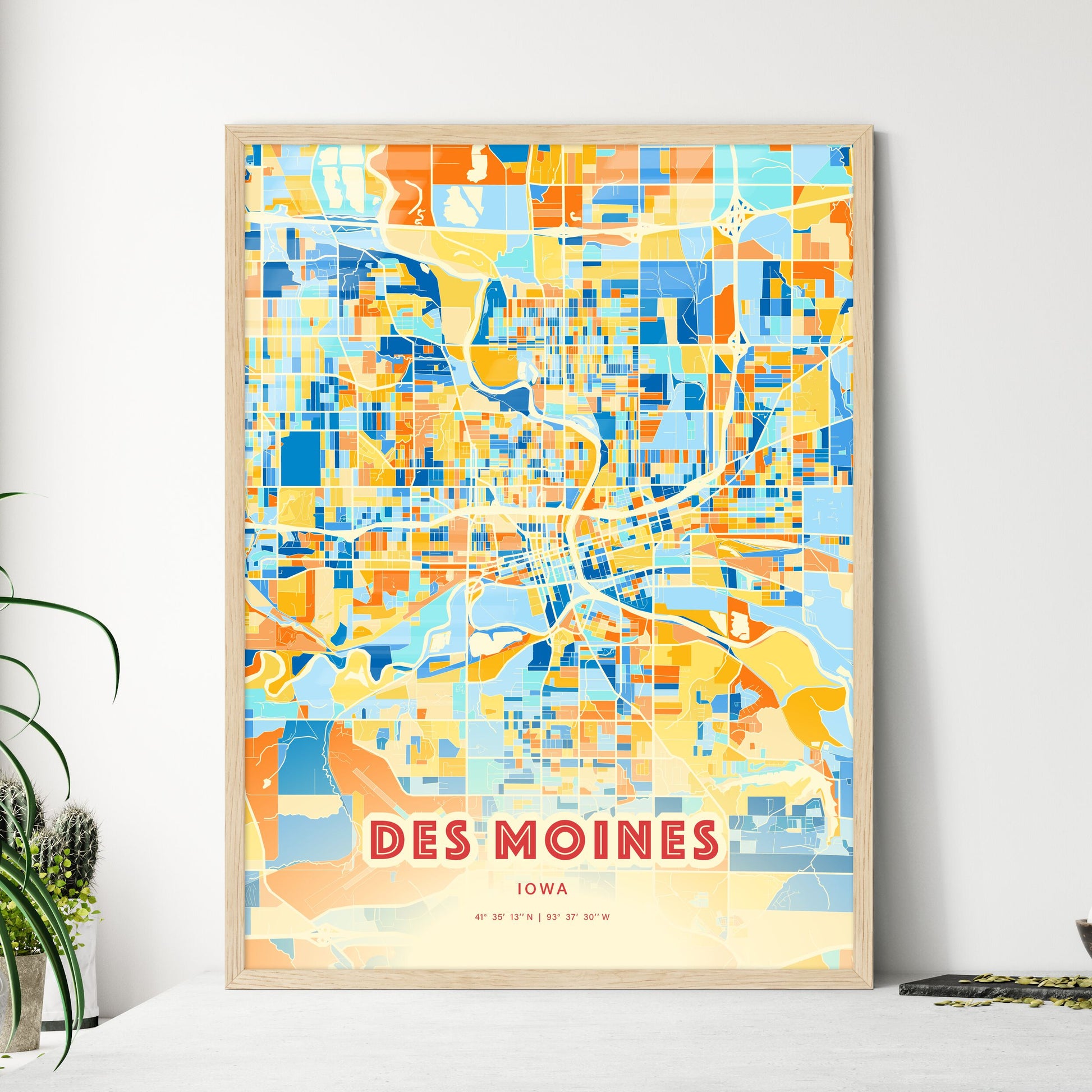 Colorful Des Moines Iowa Fine Art Map Blue Orange