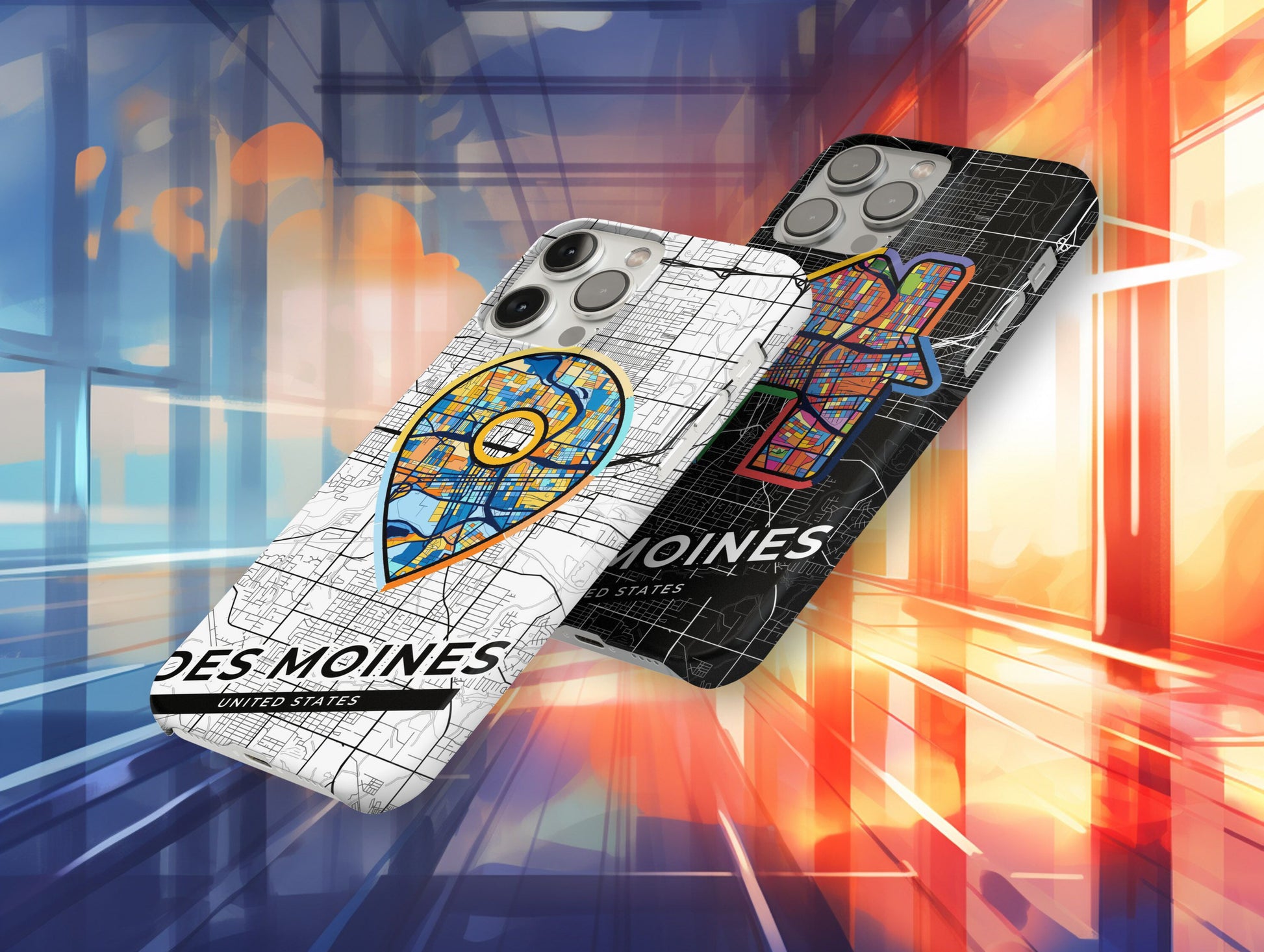 Des Moines Iowa slim phone case with colorful icon. Birthday, wedding or housewarming gift. Couple match cases.