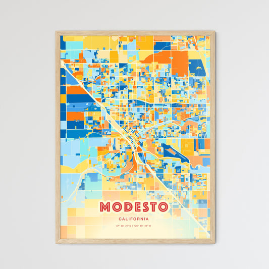 Colorful Modesto California Fine Art Map Blue Orange